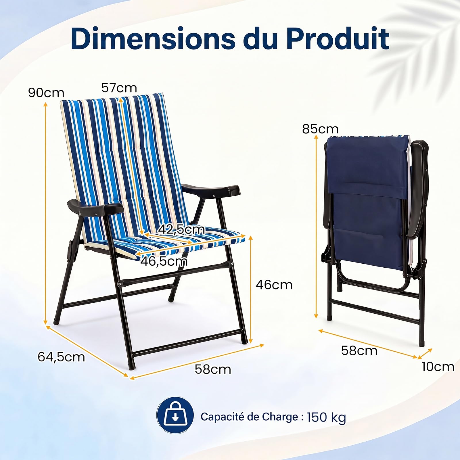 COSTWAY Lot de 2 Chaises de Plage Pliable, Chaise Pliante Camping Légère en Métal, Siège Rembourré, Tissu Polyester, Dossier Haut, Fauteuil Exterieur pour Pêche Pique-Nique Jardin, Charge 150 kg