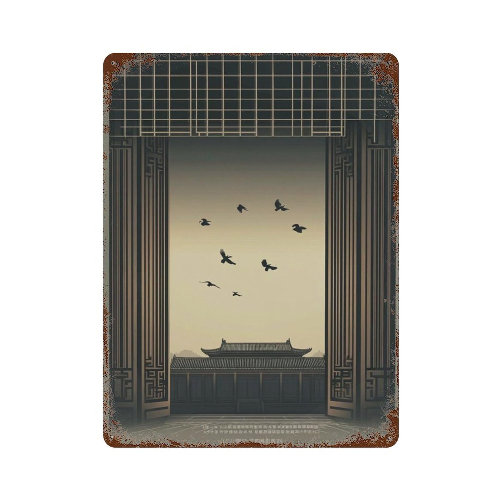 xiaoxiaoshen Japanese Architecture Minimal Temple Modern Oriental Design Geometric Frame Zen Wall Decor Art Metal Tin Poster Modern Home Decor Art Home Bar Shop Decorations Vintage Sign 40x30cm