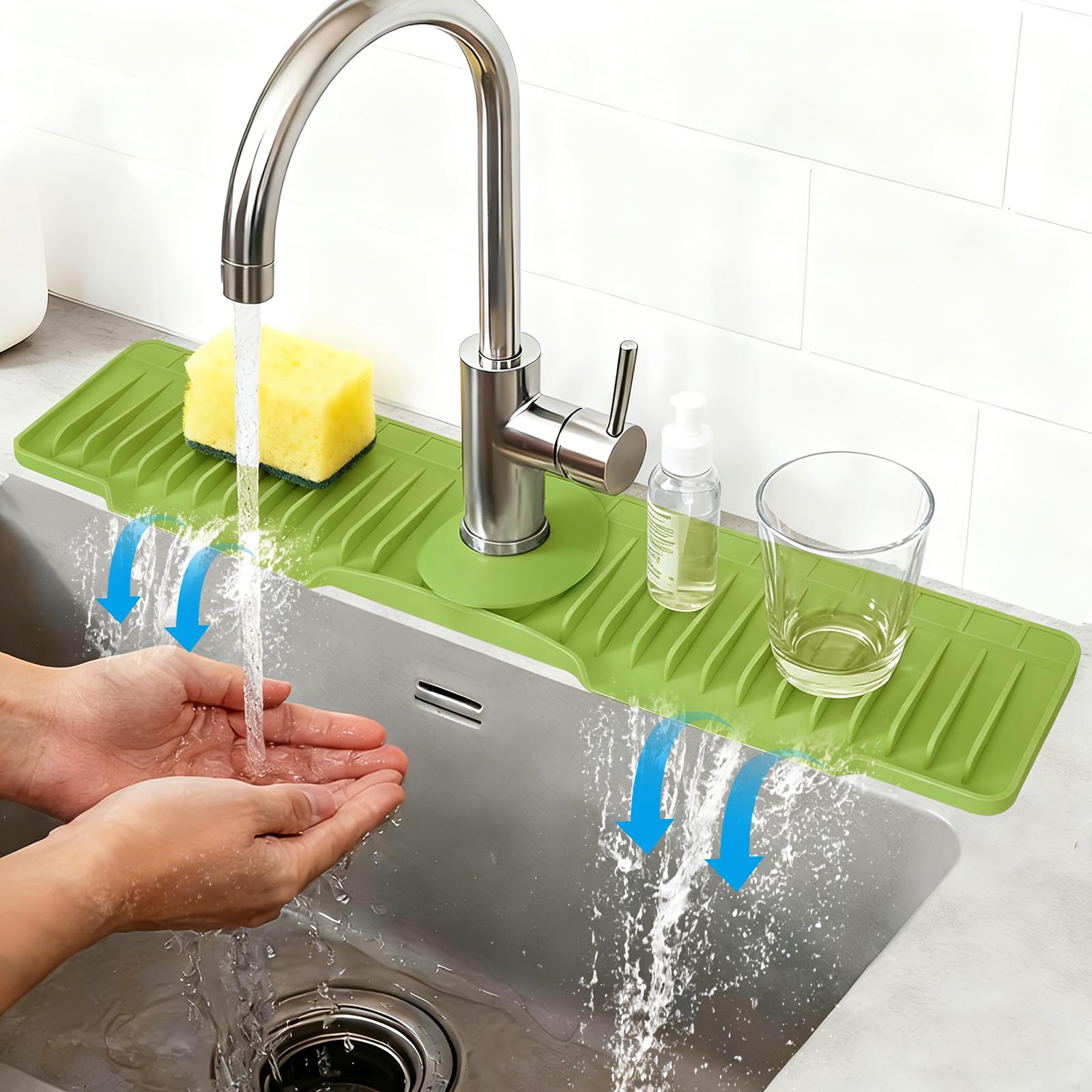 24" Silicone Faucet Mat for Kitchen Sink Released in 2026,8° Slope Fast Self-draining-Kitchen Sink Splash Guard,Bathroom Kitchen Sink Area Water Splash Guard Behind Faucet Draining Mat(Green)
