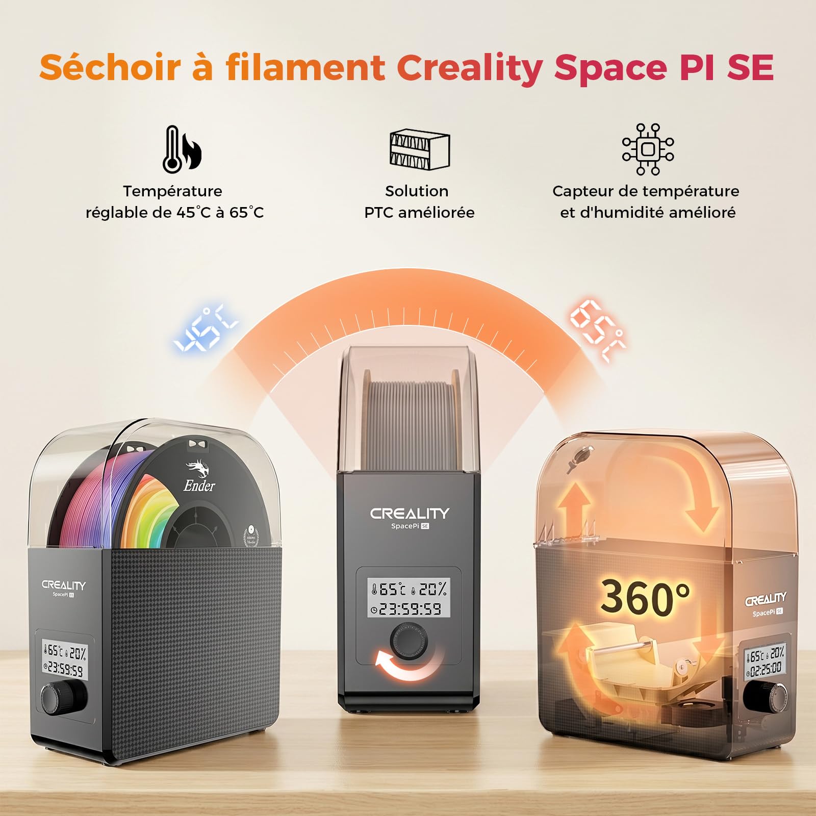 Creality Space Pi SE Séchoir À Filament, Chauffage PTC Optimisé 360° Rapide, Capteur Précis, Boîte Déshydratante 45–65 °C, Adapté Bobine 1 Kg PLA, PETG, ABS, TPU, Nylon Pour Imprimante 3D