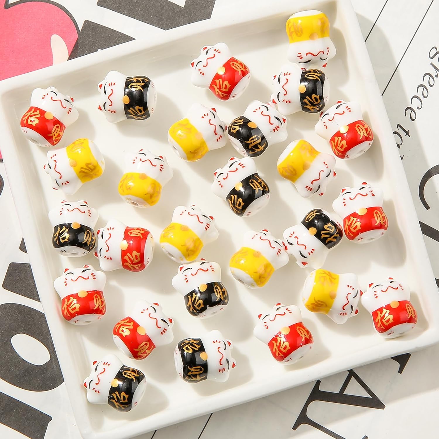 30pcs Lucky Cat Beads Ceramic Bead Maneki Neko Porcelain Spacer Beads for DIY Jewelry Making(redyellowblack) - Image 7