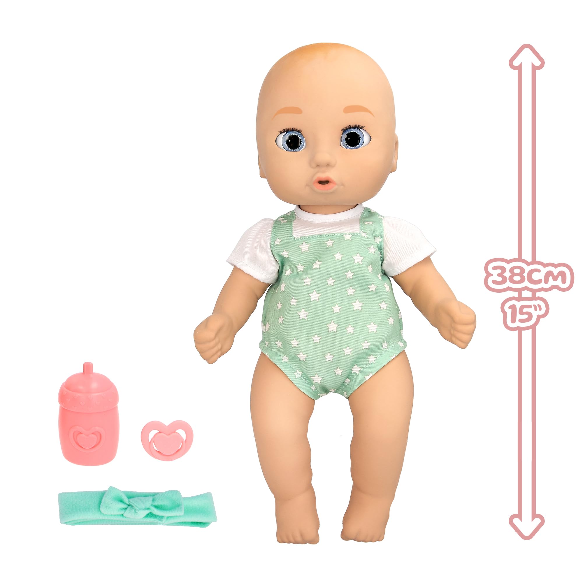 BE LOVED BABIES Realistyczna lalka Sam, ma miękką skórę i zawiera smoczek i butelkę, w pełni przegubowa, zabawka dla dzieci w wieku od 18 miesięcy