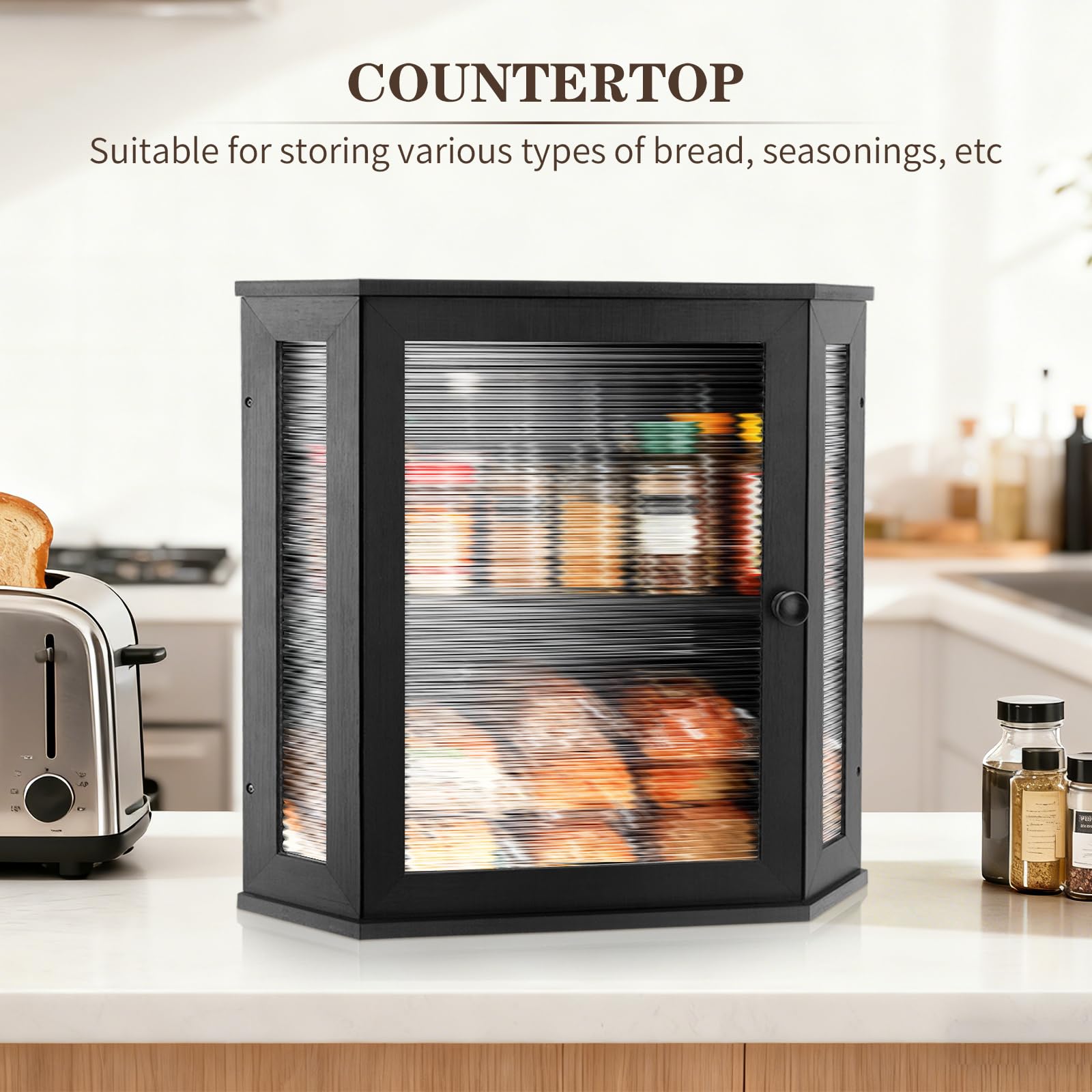 Panera esquinera extra grande – Panera de bambú para encimeras de cocina, almacenamiento y organizador de pan de cocina de gran capacidad con ventana ondulada acrílica corrugada (negro)