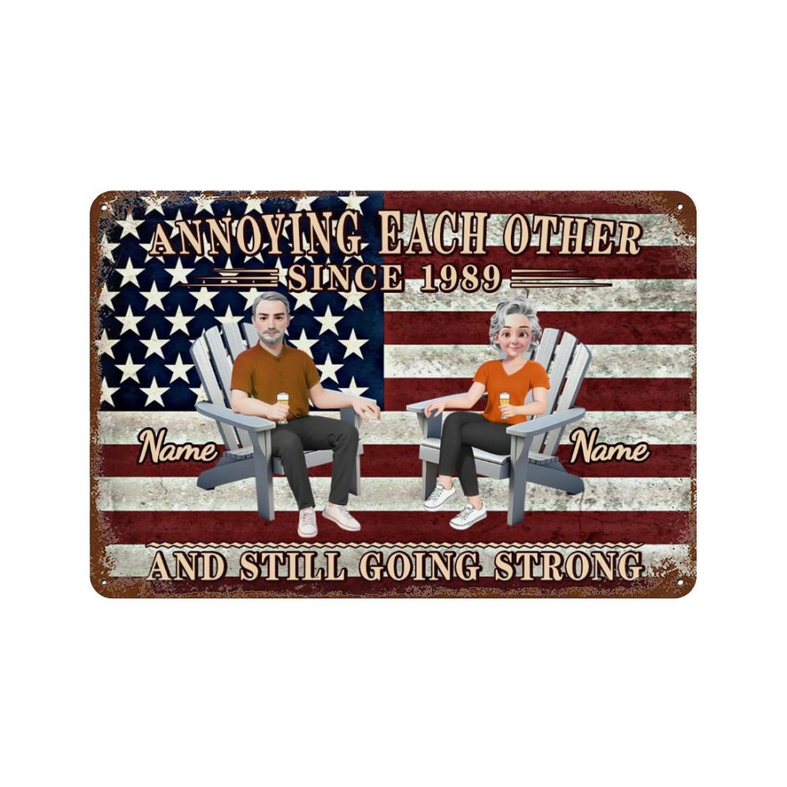 Personalized Annoying Each Other Since and Still Going Strong Couple Metal Sign for Lover Her Him Custom Couple Names Cartoon Portrait American Flag Rustic Sign for Patio Garden Farmhouse Porch