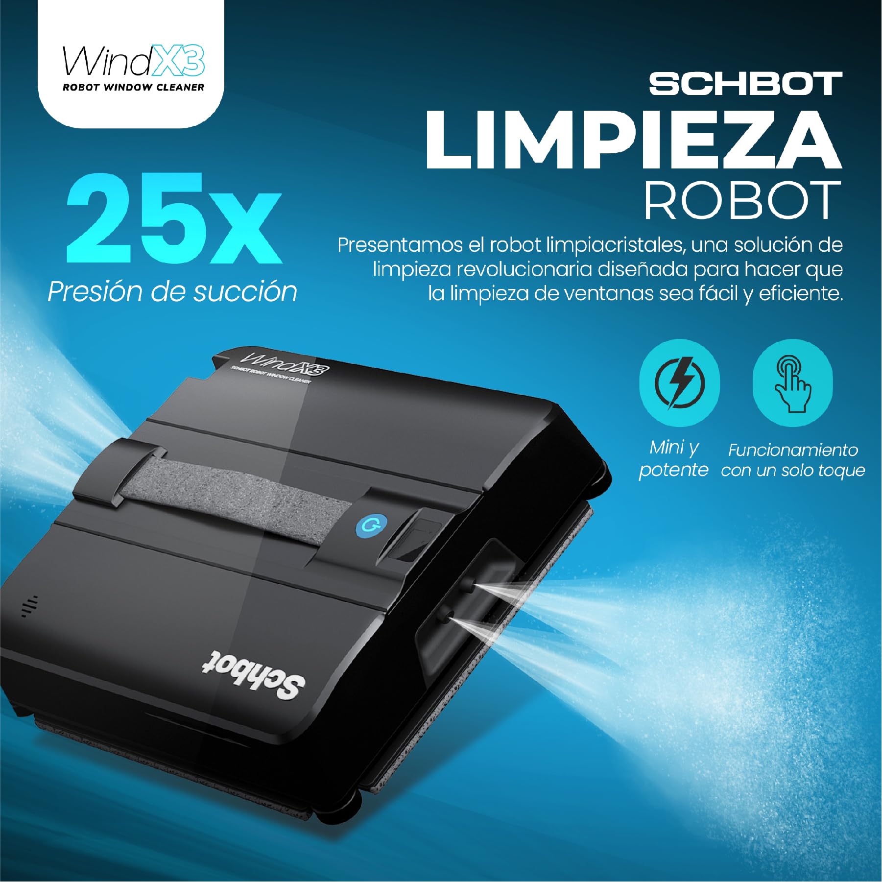 Wind X3 Robot Limpiacristales con Spray Automático - Limpia cristales Electrico Anticaídas para Espejos y Superficies Lisas, Limpia Cristales Ventanas Eficazmente sin Dejar Marcas