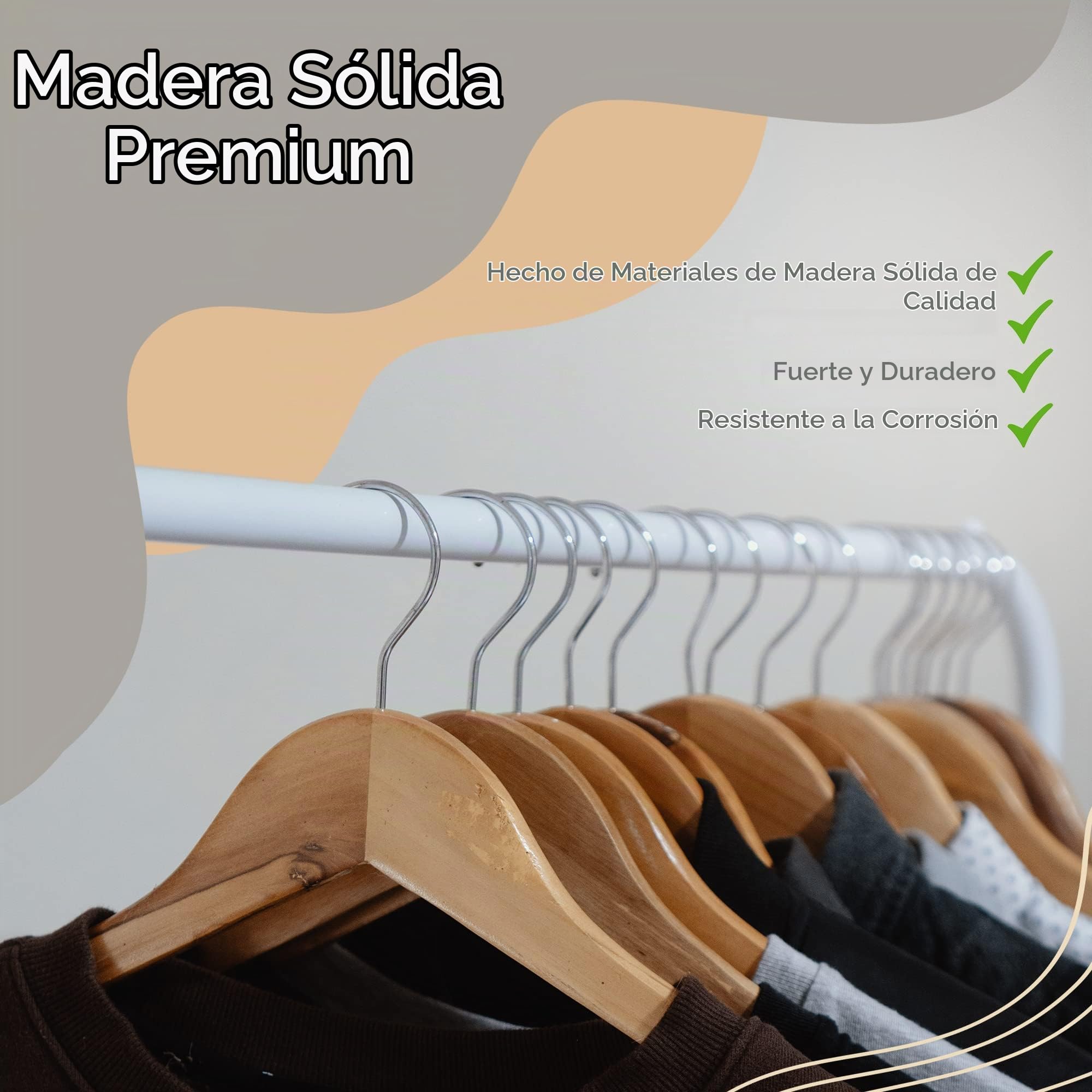 PORTENTUM Set de 20 Perchas de Madera para Ropa, Color Natural. Gancho Giratorio 360º, Perchas Pantalones, Colgador Antideslizante para Trajes, Chaquetas y Camisas, Muescas para Vestidos y Blusas