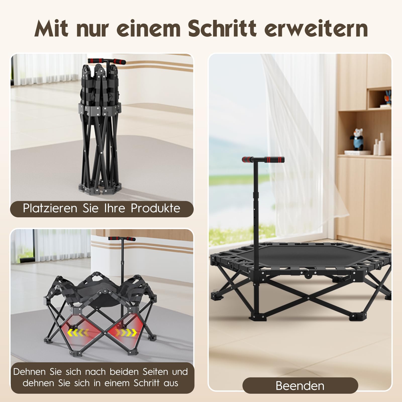 Fitness Trampolin Indoor Klappbar mit Verstellbarem Griff – Stabiler und Leiser Rebounder für Kinder und Erwachsene, Statische Belastungsgrenze 600kg, 106cm Diameter, 113cm Hoch