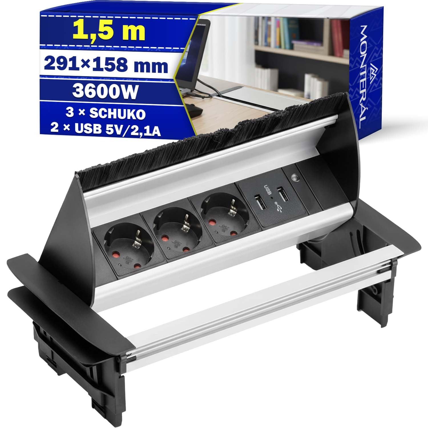 Presa a Scomparsa Top Cucina 291x158 mm con Cavo di Alimentazione da 1,5 m - Presa da Incasso per Mobili 3 x Schuko e 2 x USB 5V/2,1A - Garanzia 10 Anni - MONTERAL
