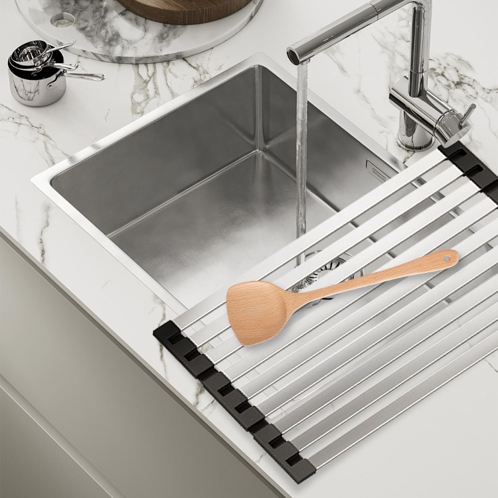 Scolapiatti in acciaio inox per la cucina sopra il lavello, scolapiatti arrotolabili, scolapiatti pieghevole, scolapiatti multiuso (50 x 32,5 cm)