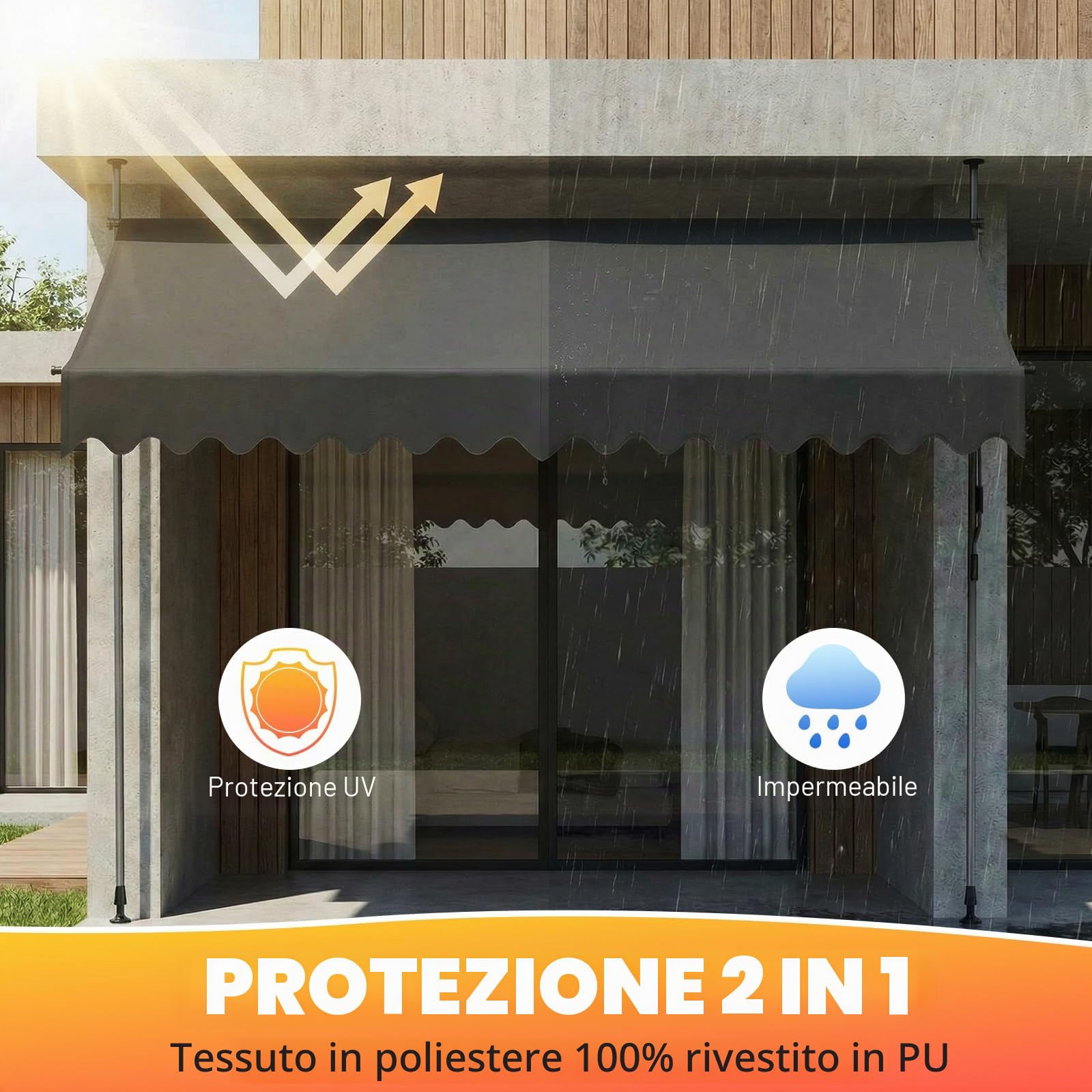 LIFERUN Tenda da Sole Senza Foro,250 x 120cm,A Manovella,per Balcone,Grigio | Inclinazione Regolabile,Impermeabile,Protezione UV,Protezione Privacy,Alluminio,Rivestimento in PU,Terrazzo,Portafinestra