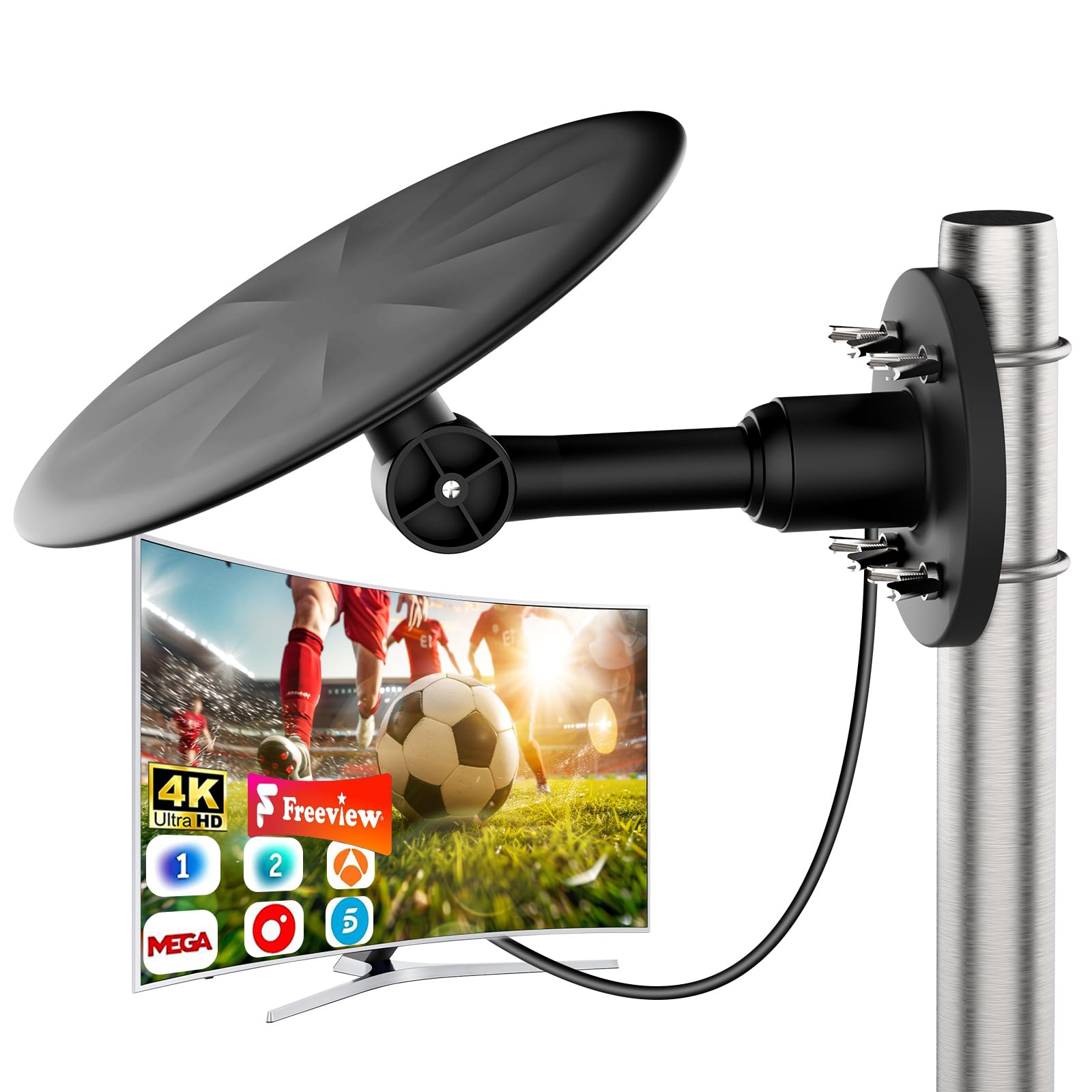 Antena TV Exterior para Smart TV – Antena TDT Digital HD 4K/1080P de Largo Alcance, Recepción Estable UHF/VHF, Compatible DVB-T2/DVB-T, Cable Coaxial 10 m, Resistente a la Intemperie