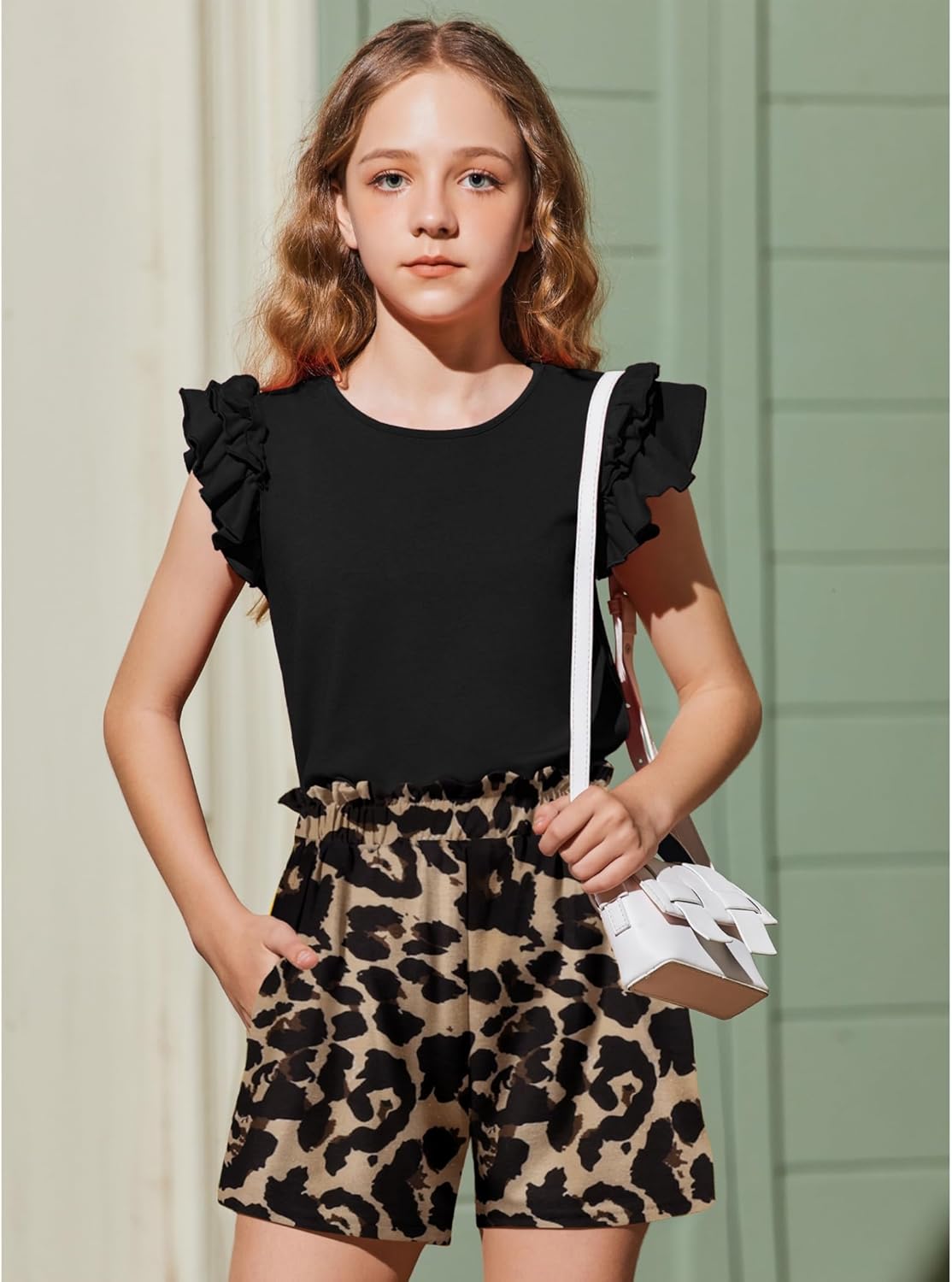 Arshiner Girls 2 Piece Outfits Summer Clothes Ruffle Short Sleeve Shirts Top and High Waist Paper Bag Shorts Set with Pockets - Image 2