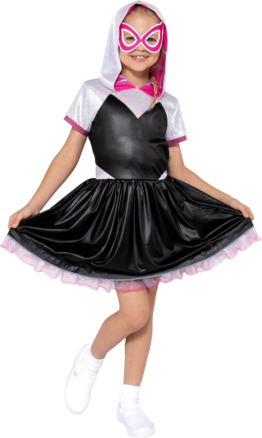 MARVEL Ghost Spider Official Youth Halloween Dress - Premium Quality Printed Dress with Fabric Half Mask S (4-7)