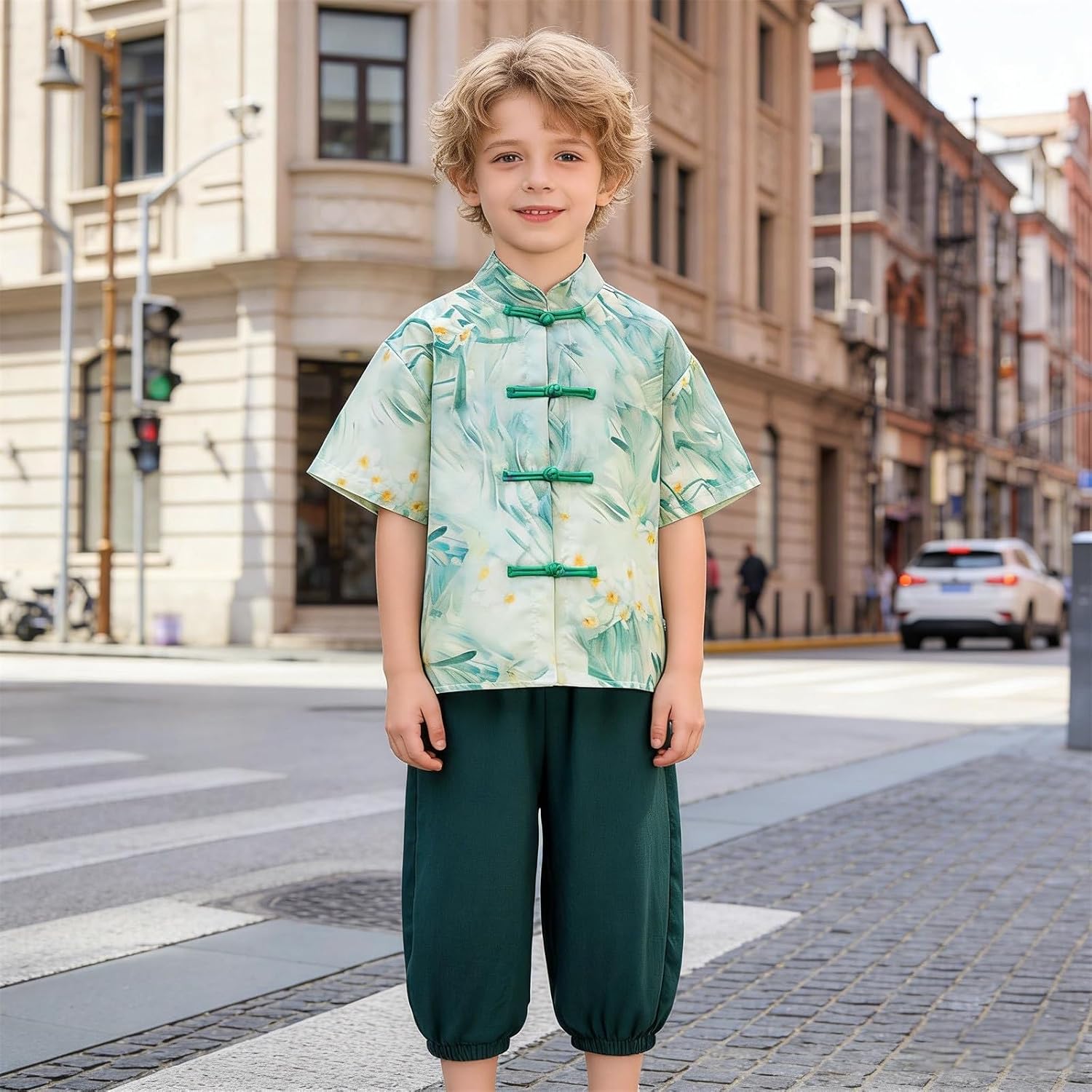 Toddler Boys Clothes 2026 Two Piece Short Sleeve Shirts With Frog Buttons Cute Print Crewneck Cropped Pants Clothing Sets