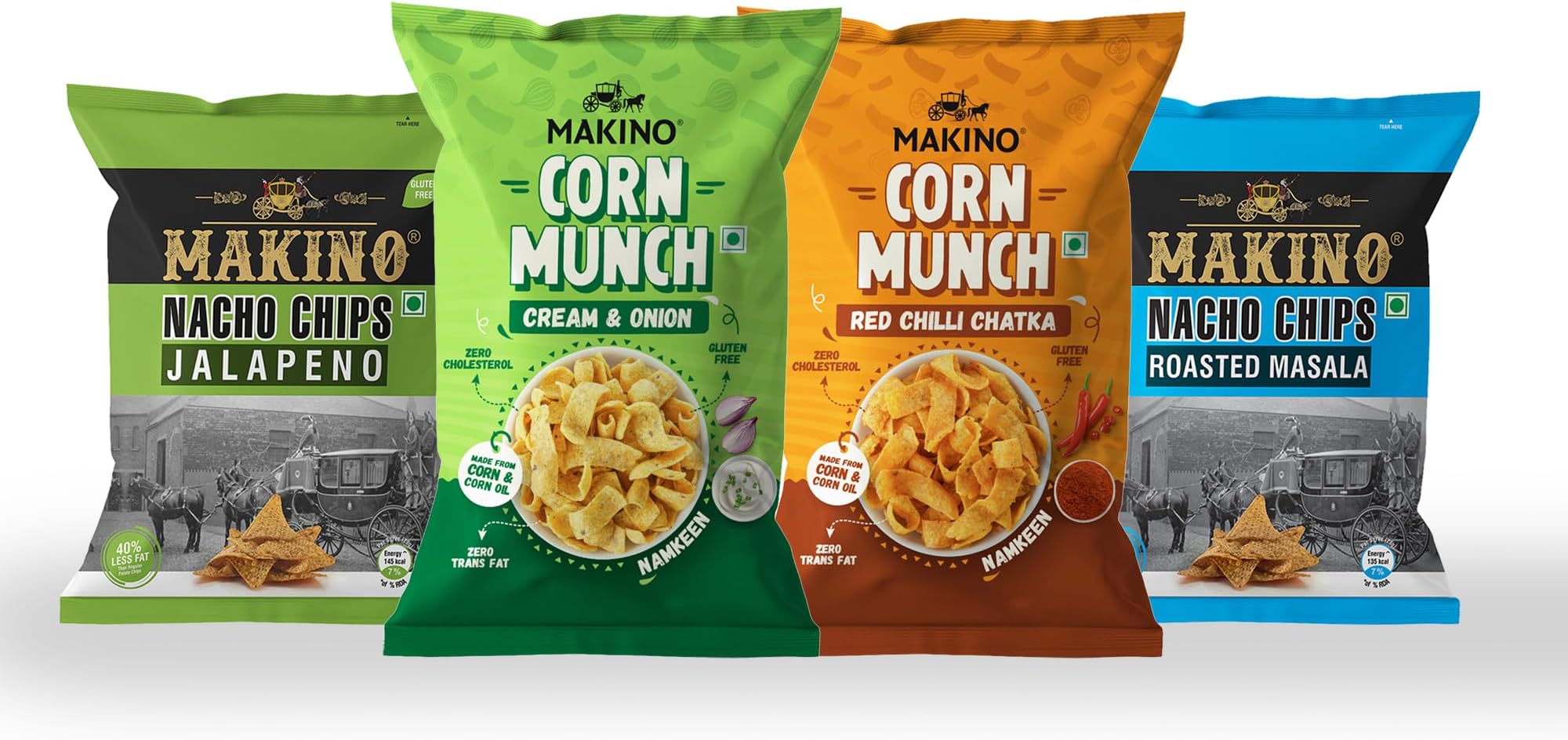 - Makino Corn Chips & Nachos Combo Pack of 4 | Jalapeno, Cheese, Red Chilli & Cream Onion Flavours | Healthy Low Calorie Corn Snacks | Non-GMO, Gluten Free & No MSG | 420g