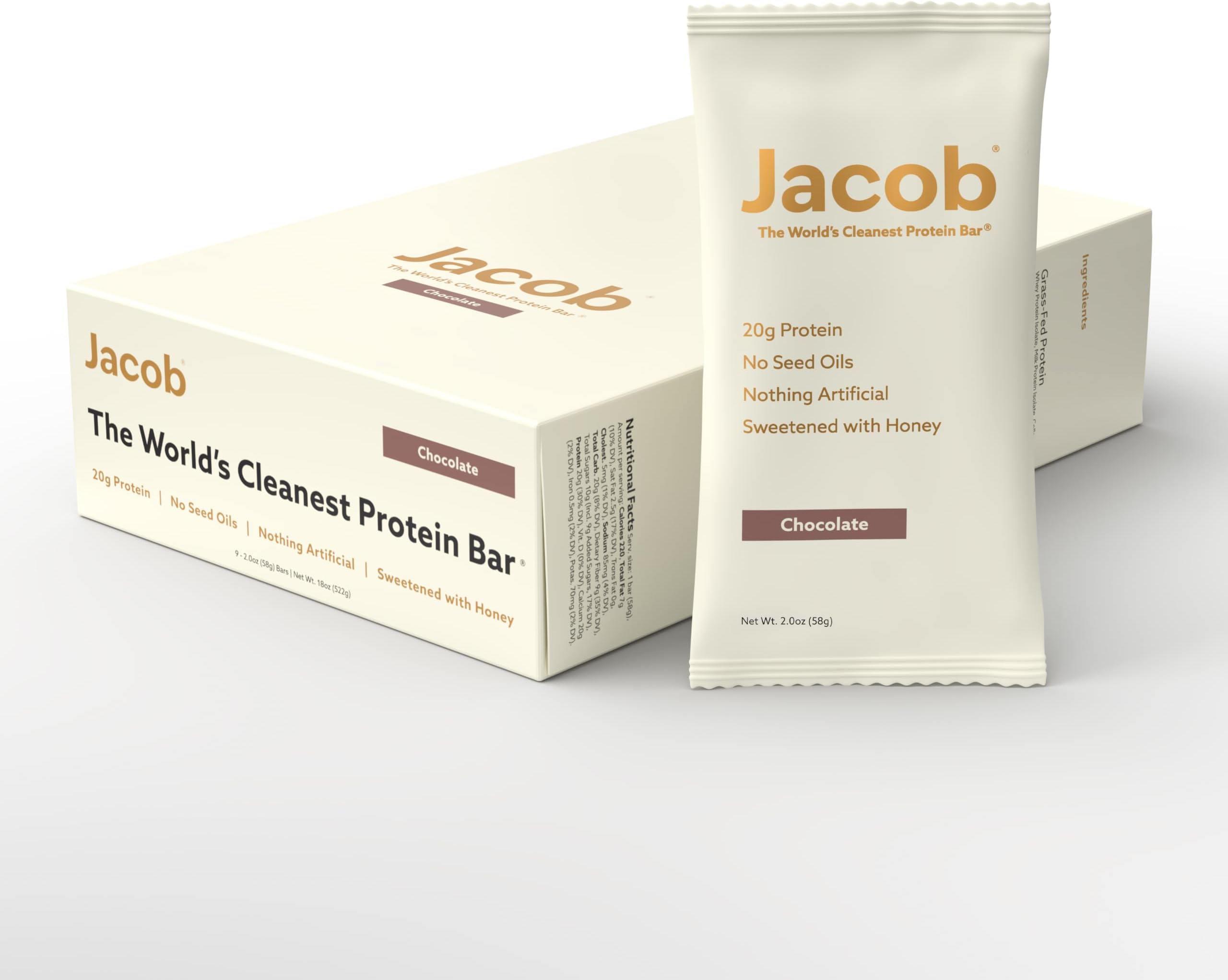 Jacob Bars, 20g Protein, Chocolate 9pk - Grass-Fed, Seed Oil Free