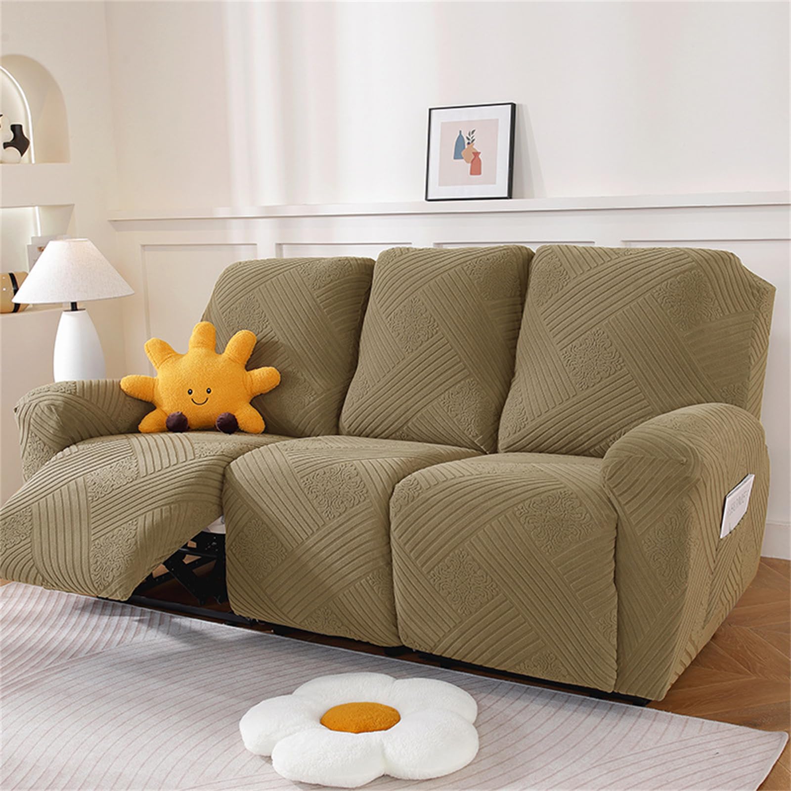 Copripoltrona Relax Reclinabile, Copripoltrona Elettrica Reclinabile Elasticizzato con Tasche Universale Copri Poltrona Elettrica con Braccioli(Curry Chiaro,3 Posti)