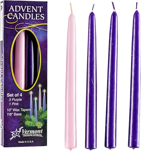 Miniatura 3 de Juego de velas de Adviento navideño (set de 4) - Fabricado en EE. UU. - Velas cónicas de cera de 10 pulgadas - 3 velas moradas y 1 vela rosa
