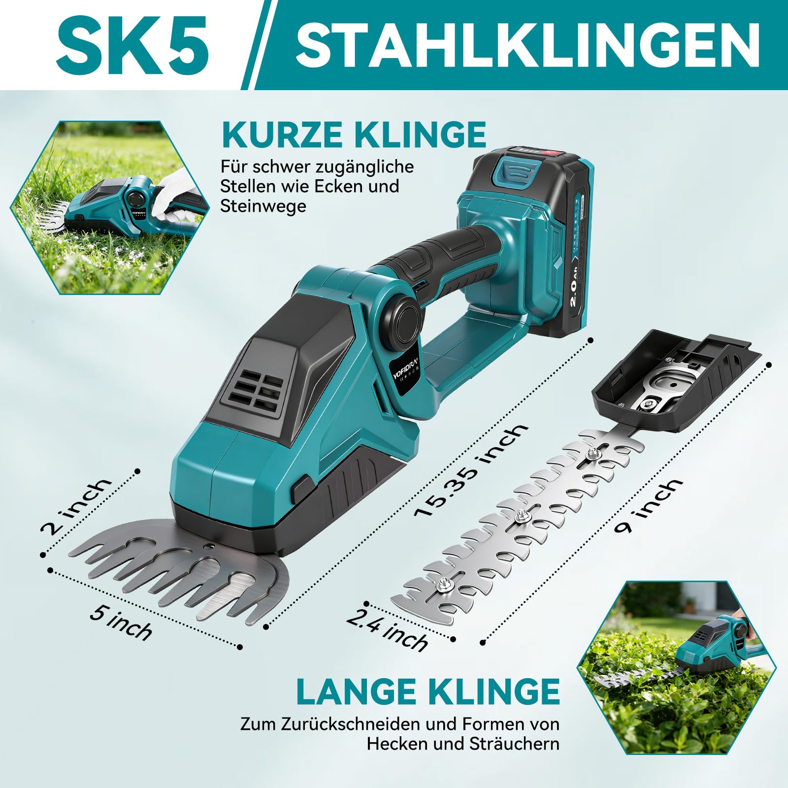 Yofidra Akku Heckenschere & Grasschere, 2-in-1 Gras und strauchschere mit 2x2.0Ah Akku, Bürstenloser Motor, Heckenschere Elektrische 90° Verstellbarer Kopf für Garten und Hecken