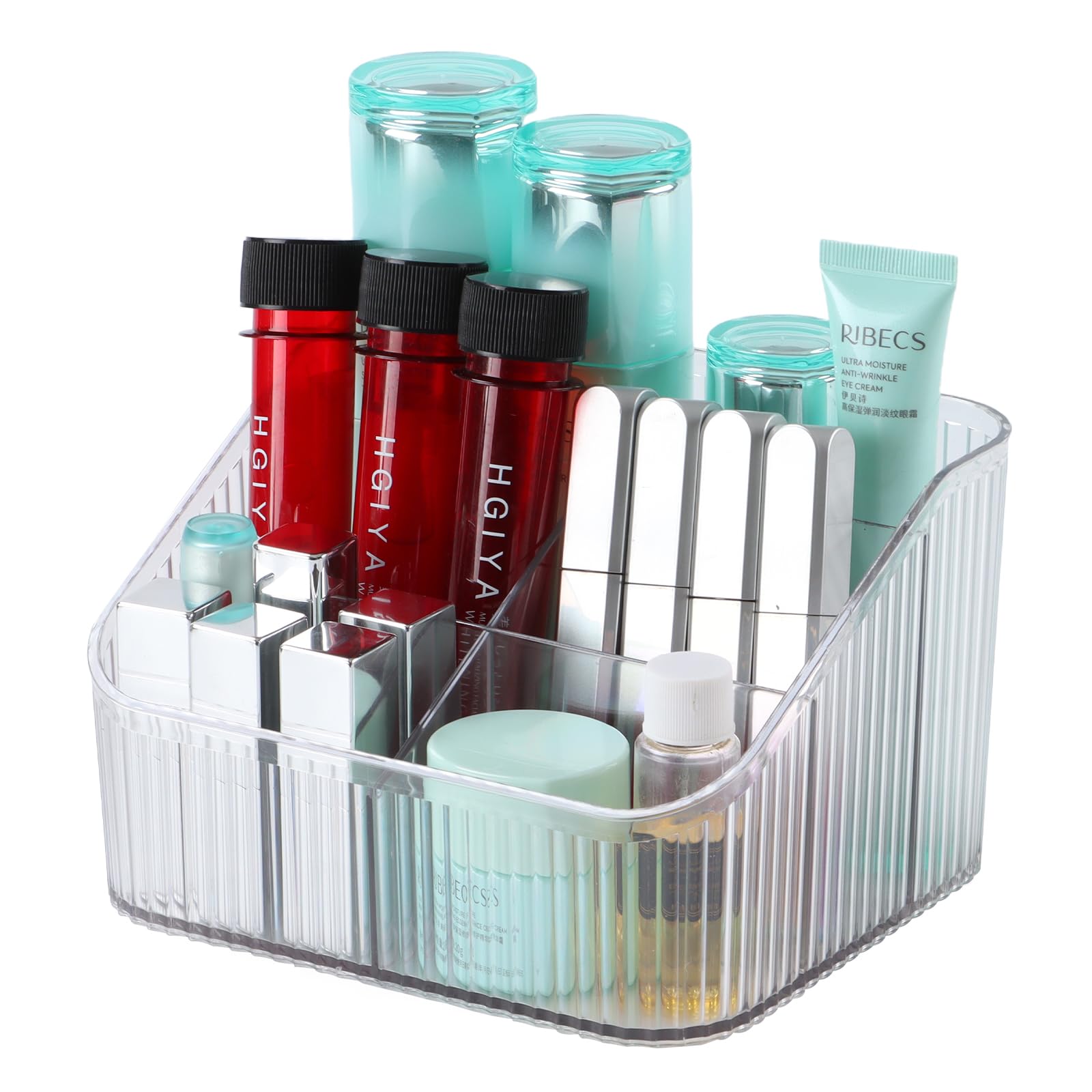 OSteed Clear Makeup Brush Holder & Organizer for Vanity, Bathroom Countertop - 5 Cup Toiletry Organizer, Storage & Display for Skincare, Perfume,