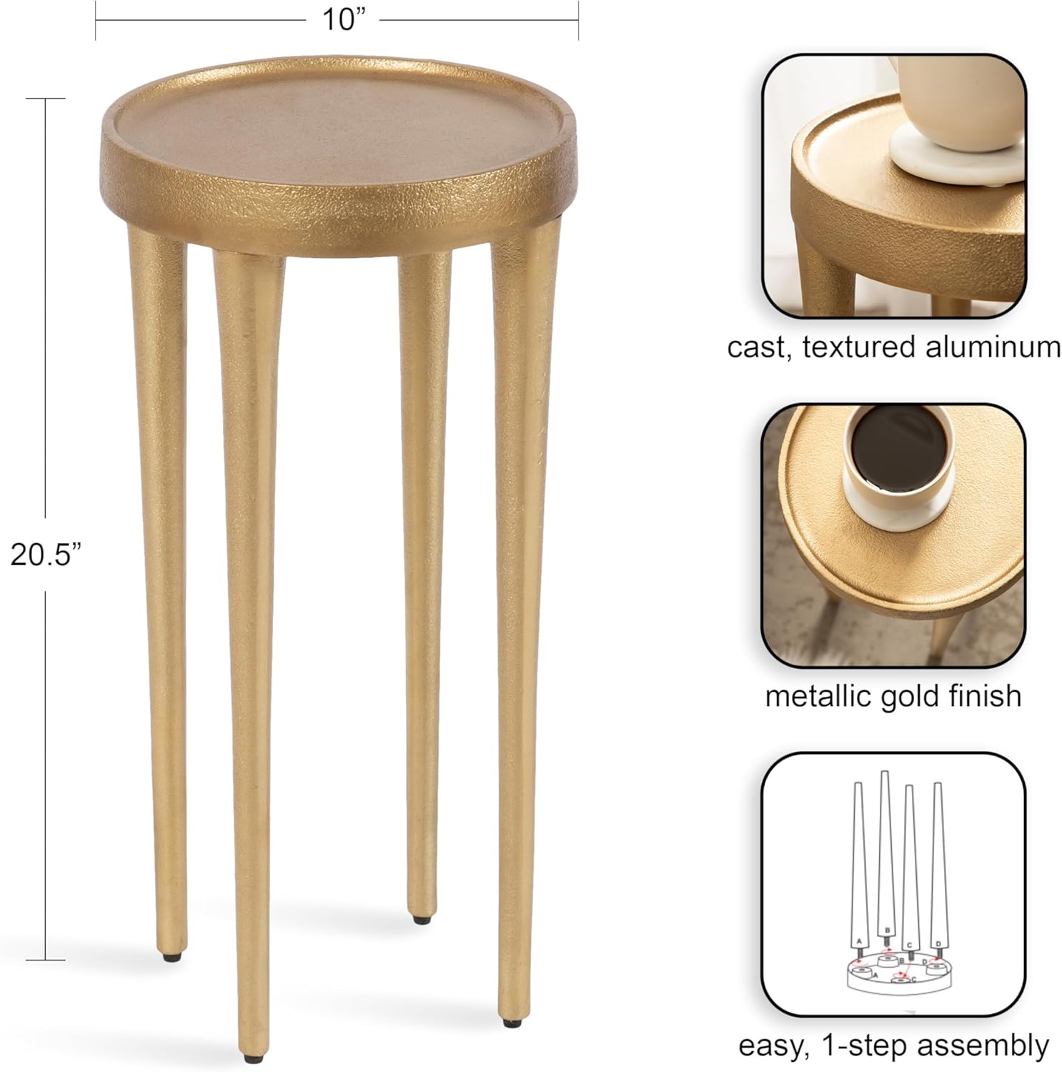 Kate and Laurel Rava Modern Metal Round Drink Table; 10 x 10 x 21; Gold; Cast Aluminum Accent Table for Use as Indoor Plant Stand or Living Room Decor Piece