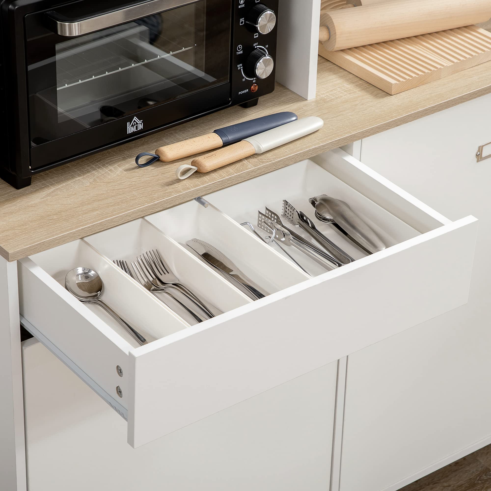 HOMCOM Dispensa Cucina in Truciolato e MDF con Ripiani Aperti, Armadietti e Cassetto per Utensili ed Elettrodomestici, 119x41x180 cm, Bianco