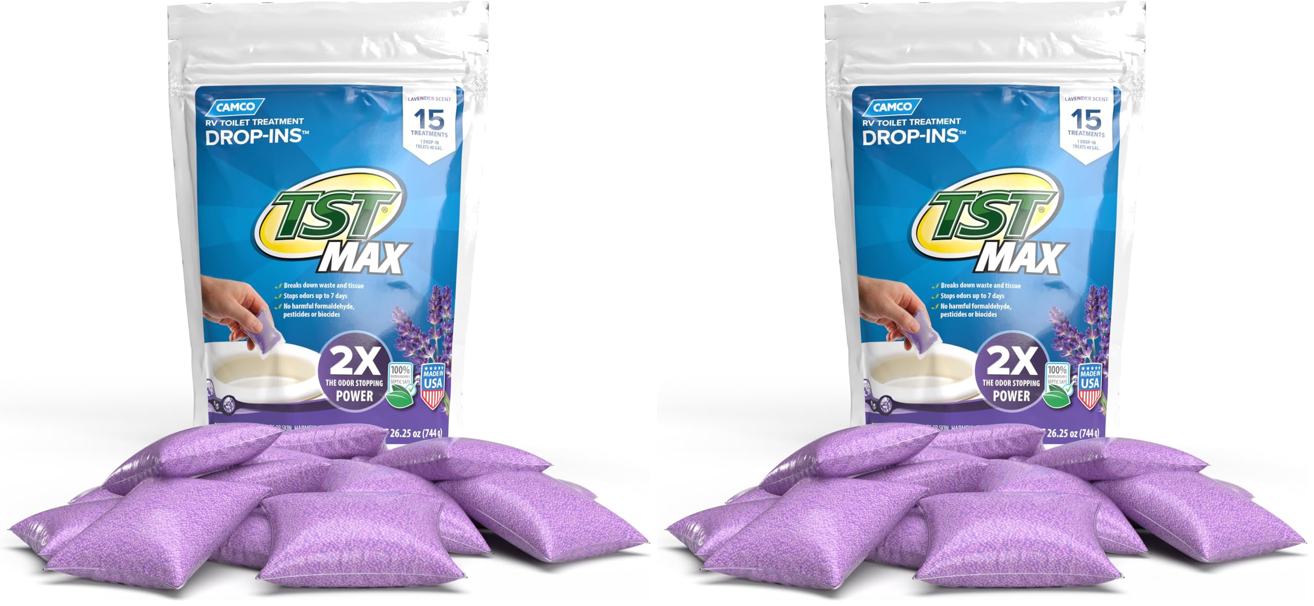 Camco TST MAX RV Toilet Treatment Drop-INs | Control Unwanted Odors and Break Down Waste and Tissue | Septic Tank Safe | Lavender Scent | 30-pack (41559)