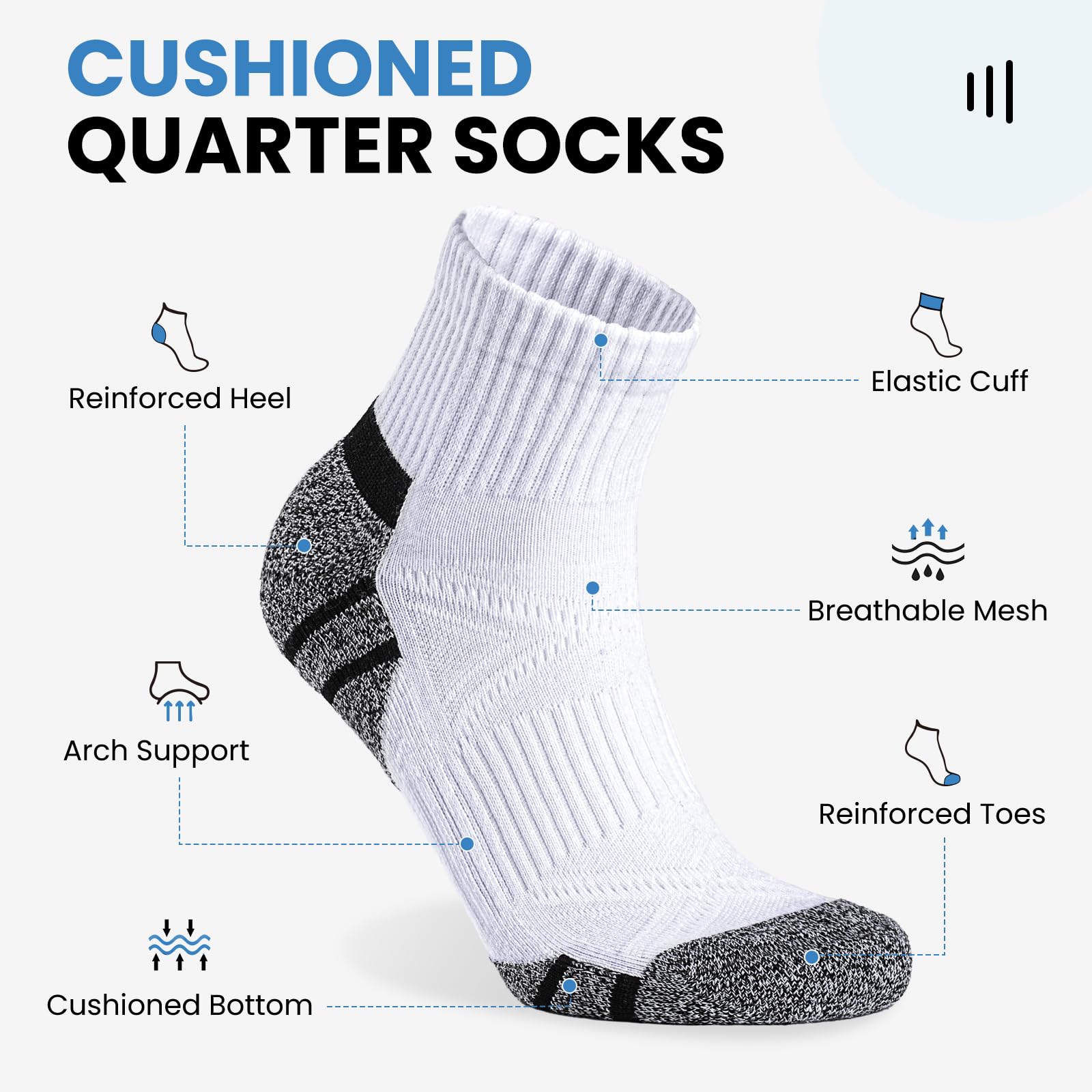Calcetines Cortos Hombre 6 Pares, Calcetines Hombre Tobilleros de Deporte con Algodón - Diseño Acolchado Anti-Ampollas, Soporte de Arco y Cuidado Anti-Fricción para Running y Tenis