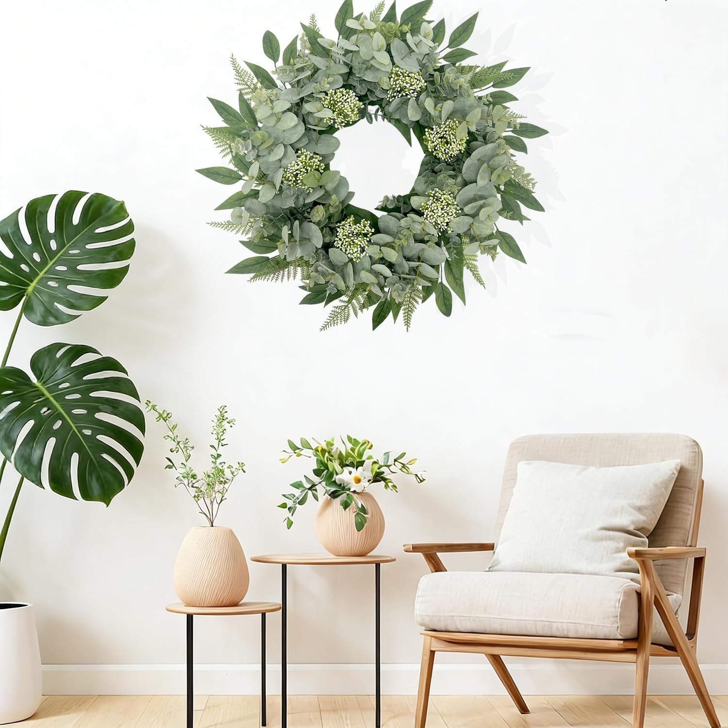 24 Inch Artificial Eucalyptus Wreath, Summer Fern Greenery Wreaths Front Door for All Year Round Indoor Outdoor Farmhouse Wedding Decor