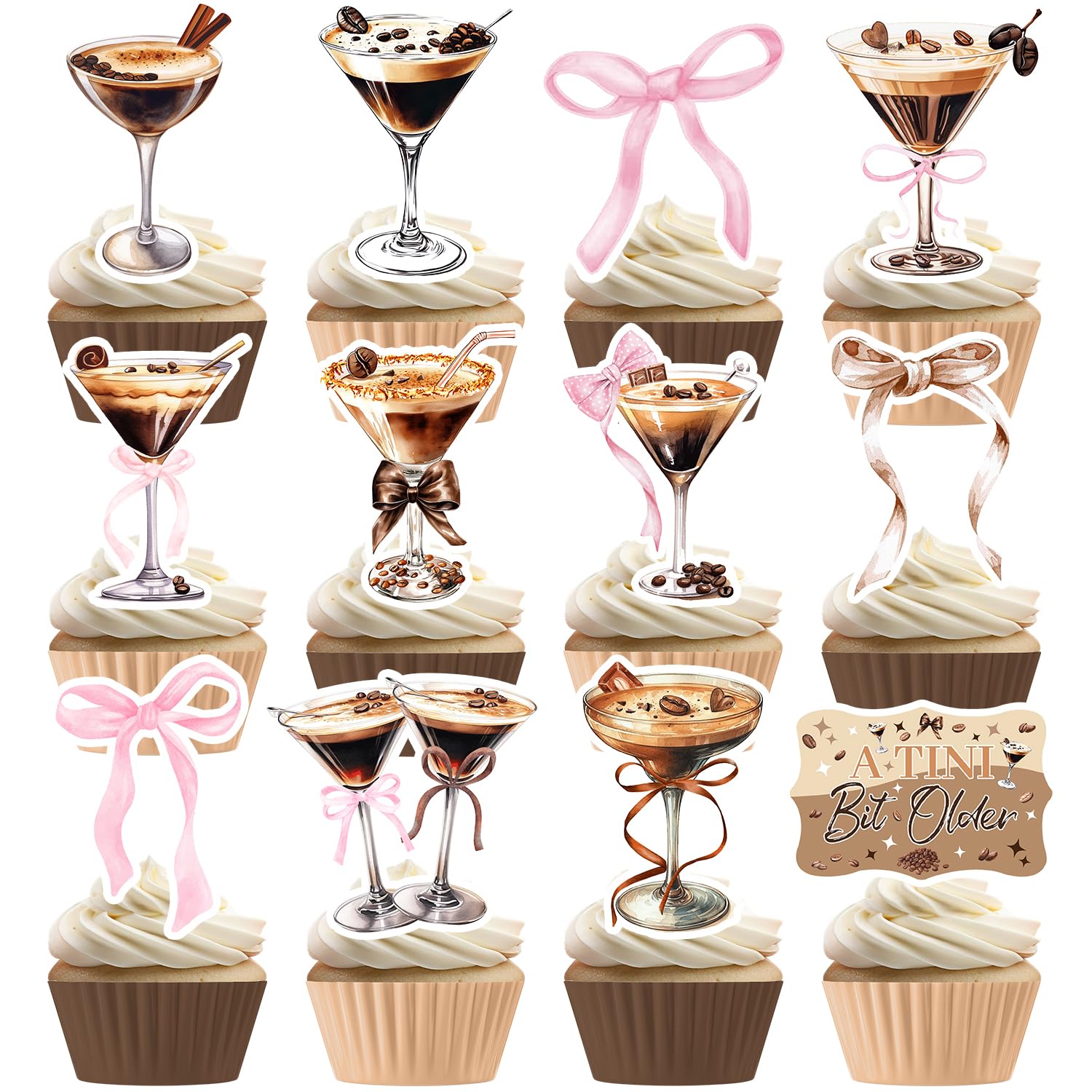 24 PCS Espresso Martini Cupcake Toppers, A Tini Bit Older Espresso Martini Birthday party Decorations Coffee Espresso Martini Bow Cupcake Cake