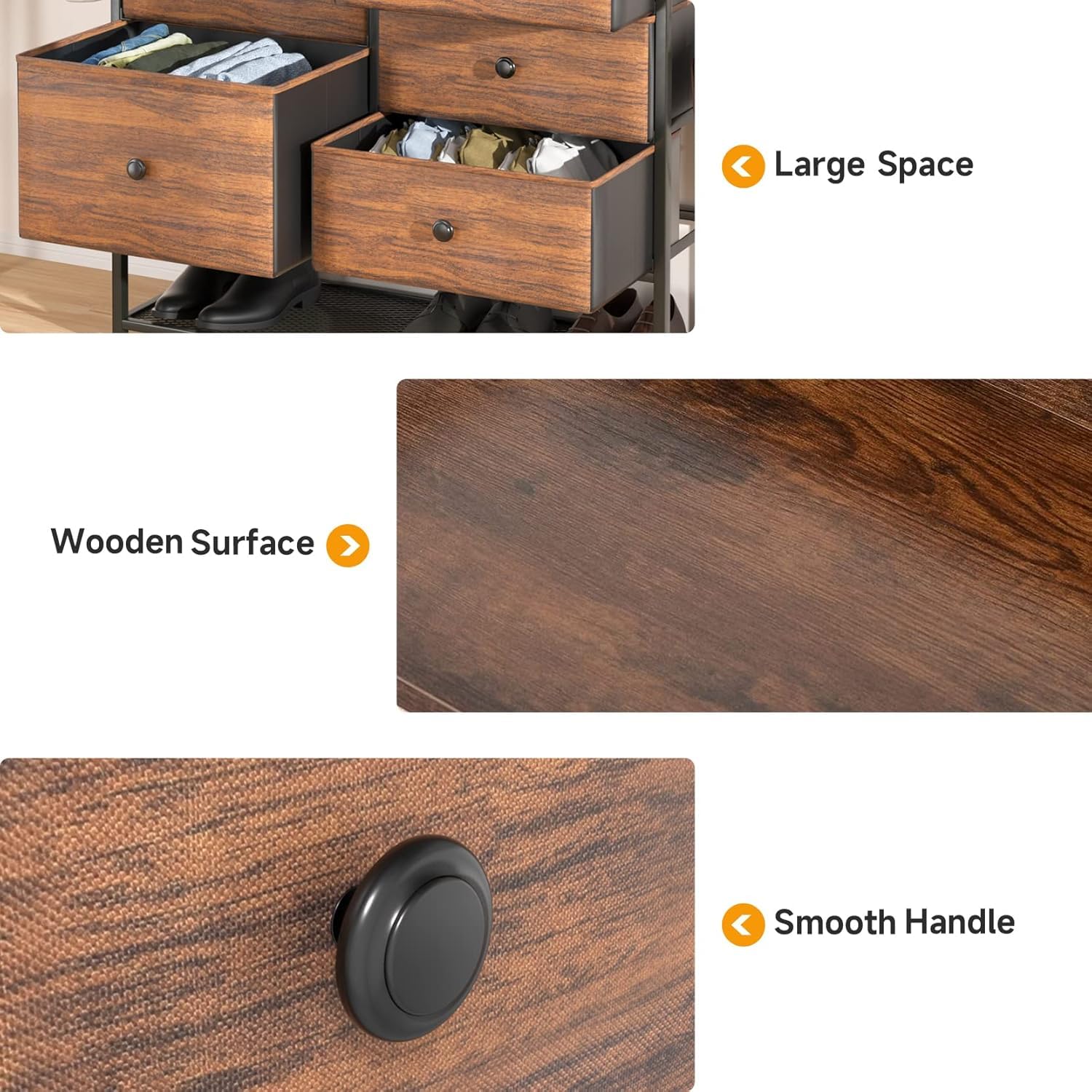 Dripex Commode en Tissu avec 5 tiroirs, Meuble de Rangement avec Dessus en Bois et étagère à Chaussures, Cadre en Métal, pour Salon, Chambre, Couloir, Marron Rustique et Noir Gris Vintage+Noir