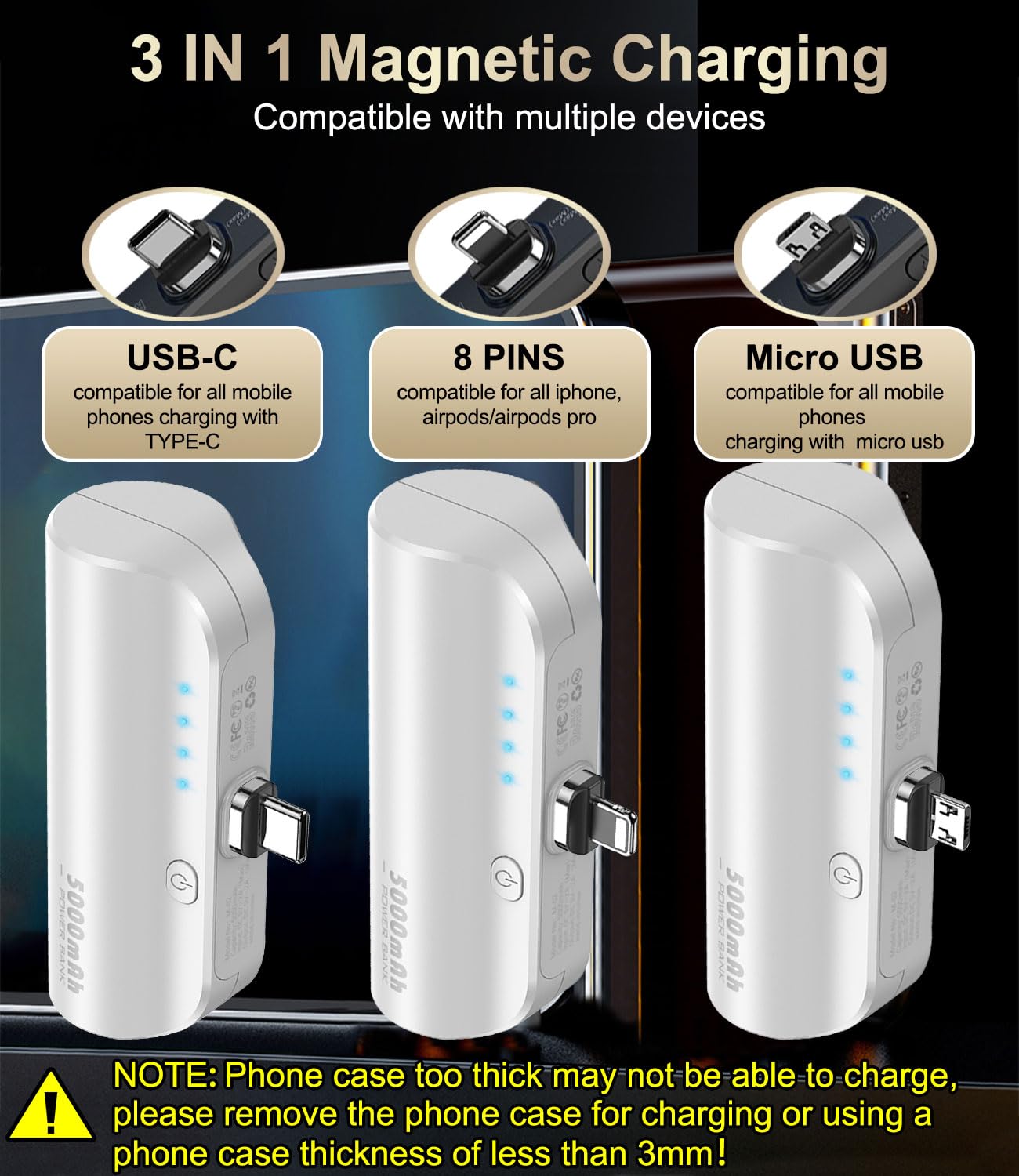 LUCKYDUO Power Bank portatile 5000mAh, mini batteria esterna 3 in 1 Power Bank wireless, ricarica rapida per iPhone/Type-c/Micro USB-A,portatile compatto e piccolo compatibile con iPhone