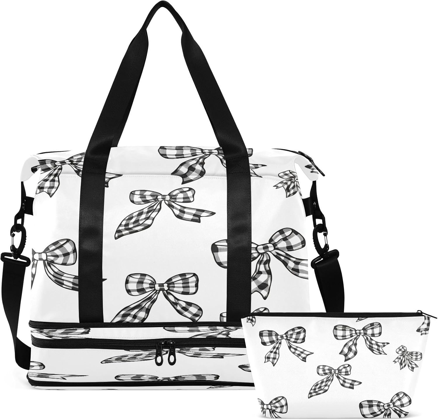 STAYTOP Black and White Bow Tie Gym Bag for Women & Men,Waterproof Sports Travel Duffel Bag, Weekender Overnight Bag with Wet Pocket for Travel, Gym, Yoga,Swimming