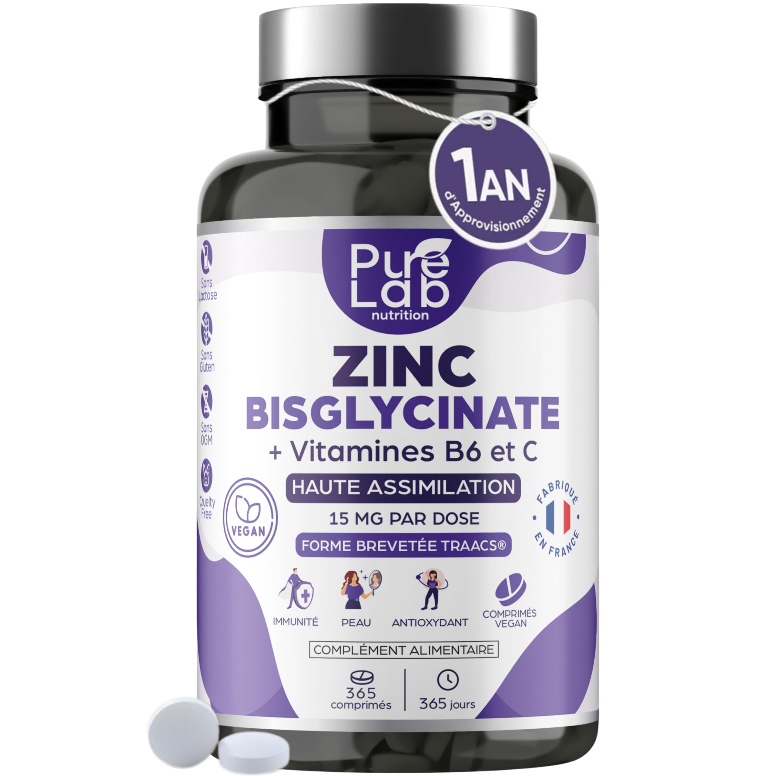 Zinc Bisglycinate + Vitamines B6 et C - Haute Absorption - Immunité, Antioxydant, Peau - Sans Lactose, Sans Gluten - Fabriqué en France - Cure 1 An, 365 Comprimés - Pure Lab Nutrition®