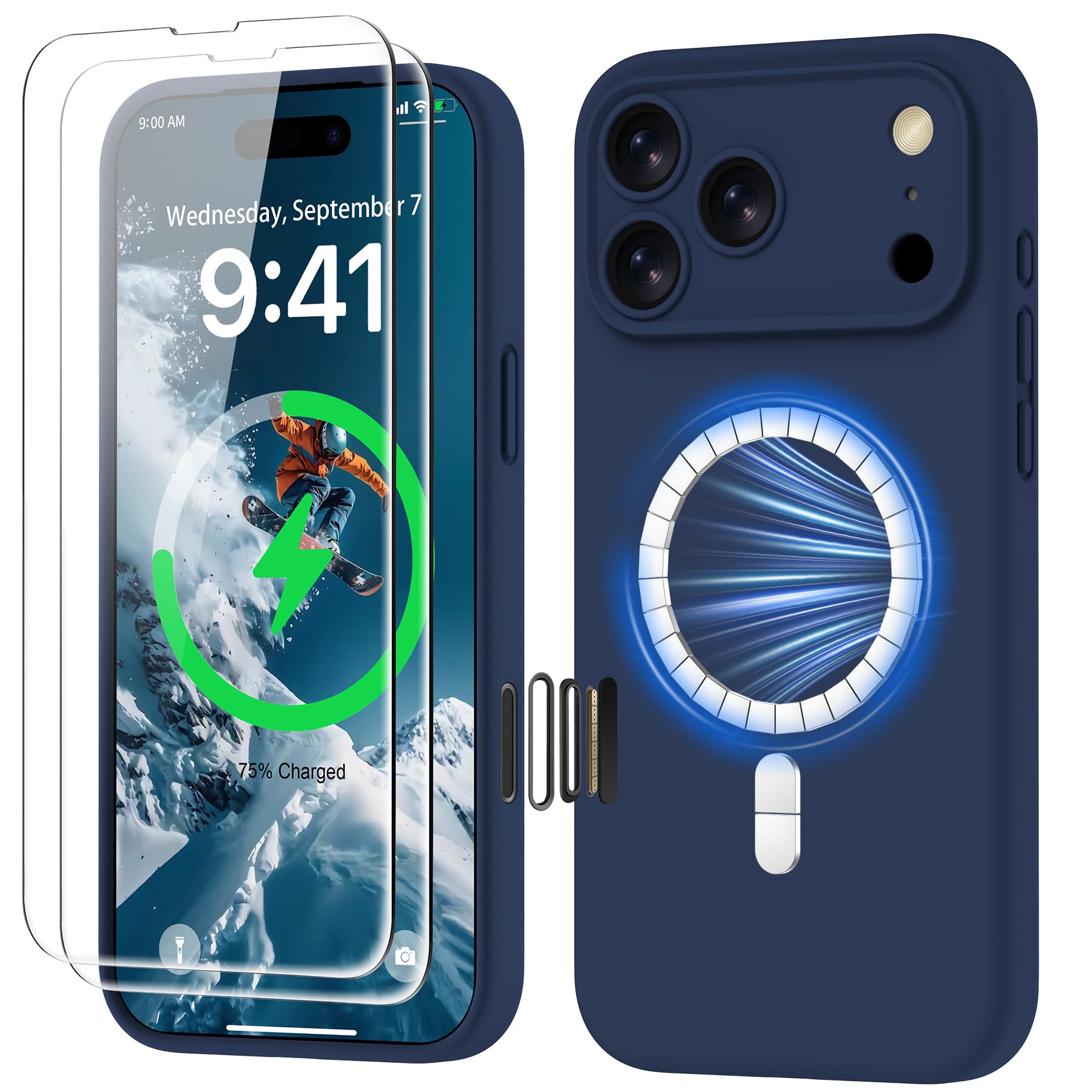 GOODVISH Magnetica Silicone Cover per iPhone 17 Pro Max 6.9", Custodia con 2x Vetro Temperato [Pulsante Controllo Fotocamera] 360° Protezione Anticaduta Case per Antiurto Resistente, Navy Blu