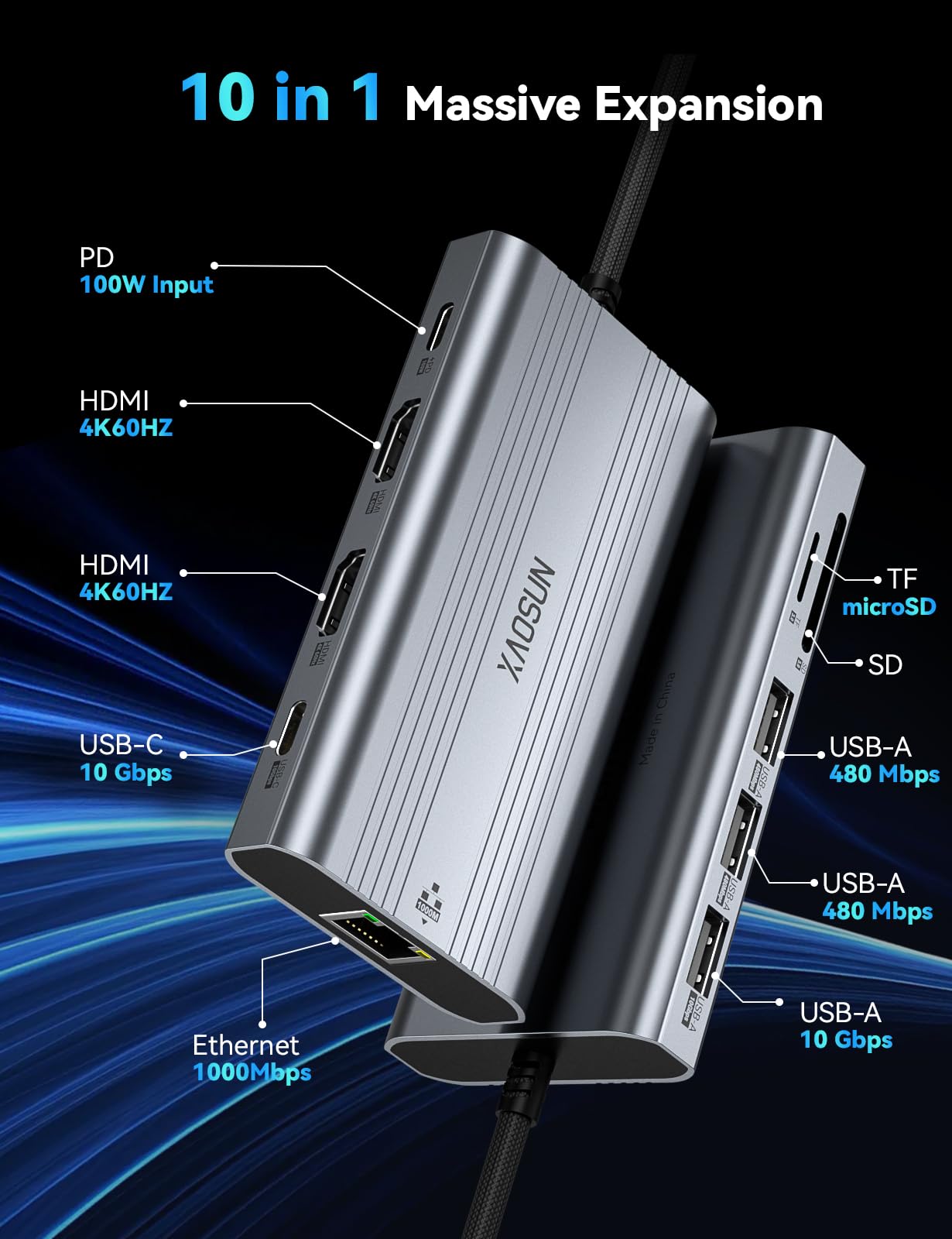 XAOSUN Station d'accueil USB C 10 en 1 double moniteur 4K, hub USB C 10 Gbit/s avec 2 HDMI 4K @ 60 Hz, station d'accueil USBC avec USB A et C 10 Gbit/s, Gigabit Ethernet, PD 100 W, SD/TF pour iPhone