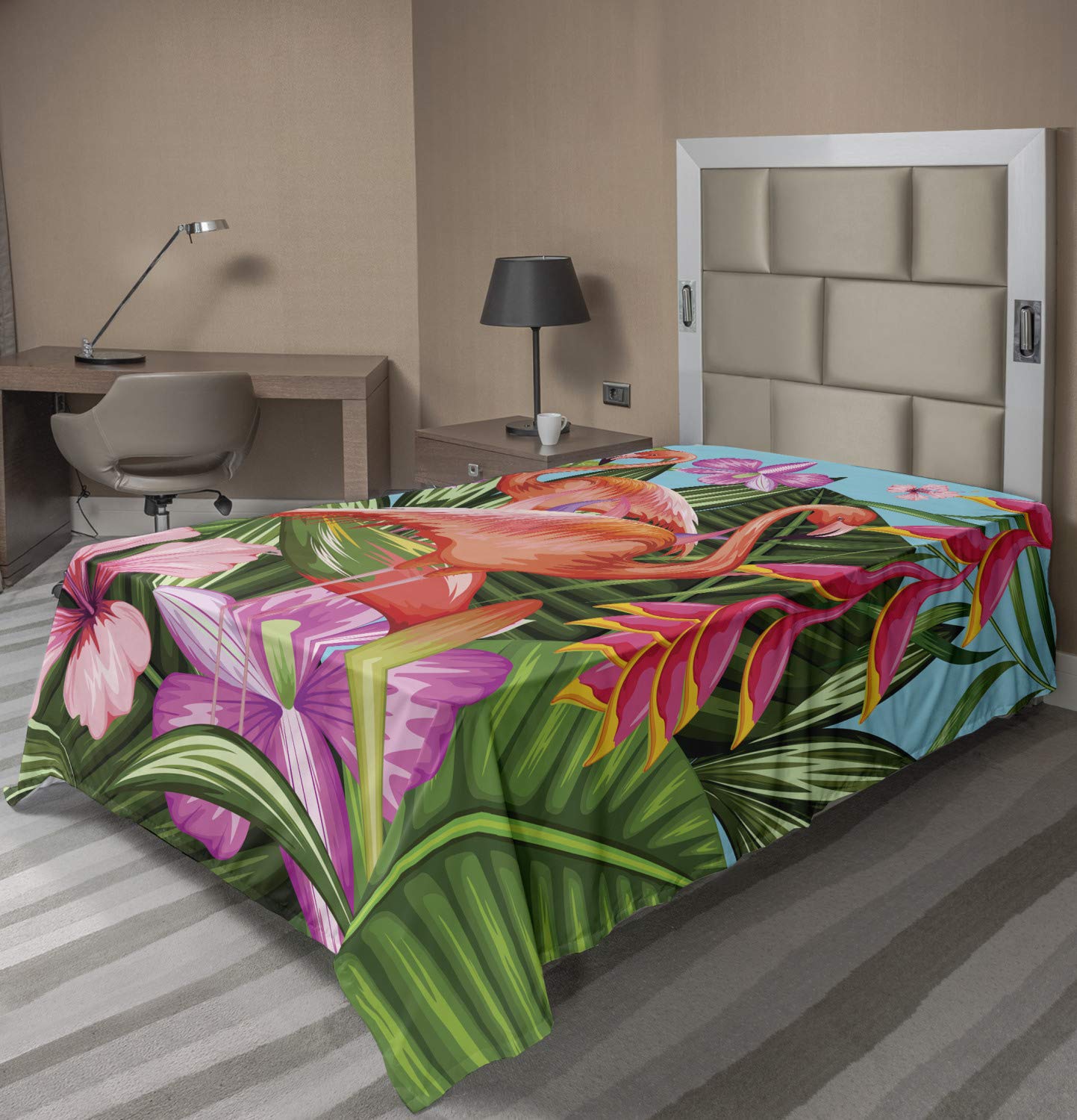 Ambesonne Flamingo Flat Sheet, Illustration of Animal Tropical Garden Hibiscus Flower Plant Vintage, Soft Comfortable Top Sheet Decorative Bedding 1 Piece, TwinXL Size, Green Pink Blue