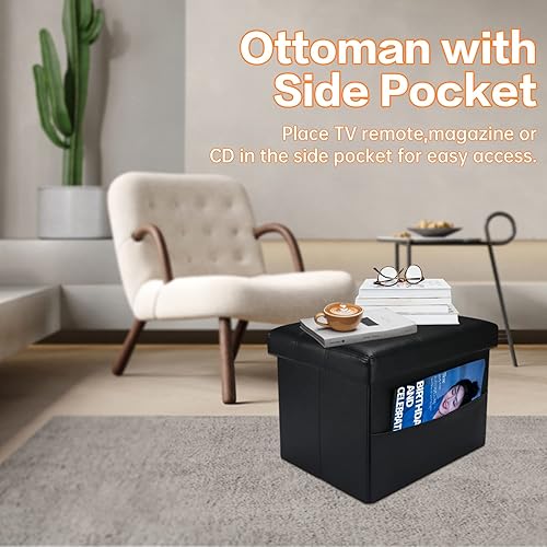Miniatura 20 de FujDun® Reposapiés otomano plegable de almacenamiento con bolsillo lateral, reposapiés para sofá, asiento otomano de cuero para sala de estar,