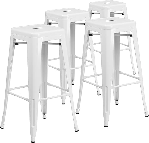 Flash Furniture Lily - Juego de 4 taburetes de bar de metal blanco sin respaldo de 30 pulgadas de alto grado comercial para interiores y exteriores