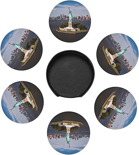 Miniatura 7 de Juego de 6 posavasos de cuero con soporte, diseño de Estatua de la Libertad en Nueva York, posavasos impresos para bebidas, posavasos redondos para