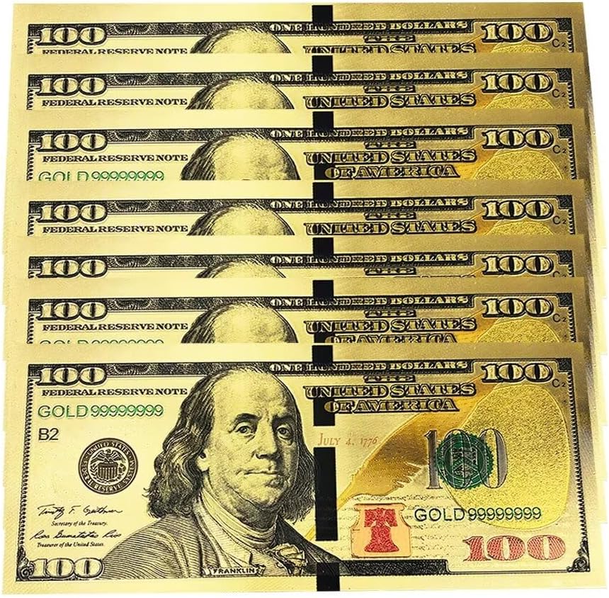 10 PCS Gold Hundred Dollar Bills, Colored Gold Foil Bill