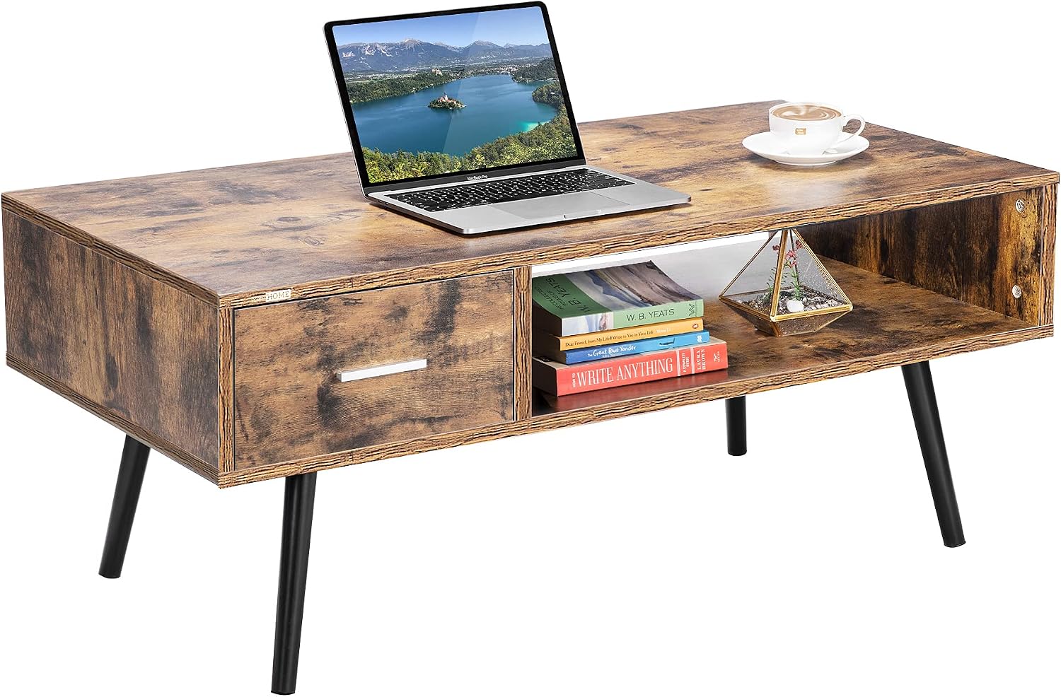VIVOHOME 43 Inch Wooden Retro Mid-Century Modern Coffee Table with 1 Drawer and Open Storage Shelf Vintage Accent Boho Cocktail TV Office for Home Living Room Indoor, Rustic Brown