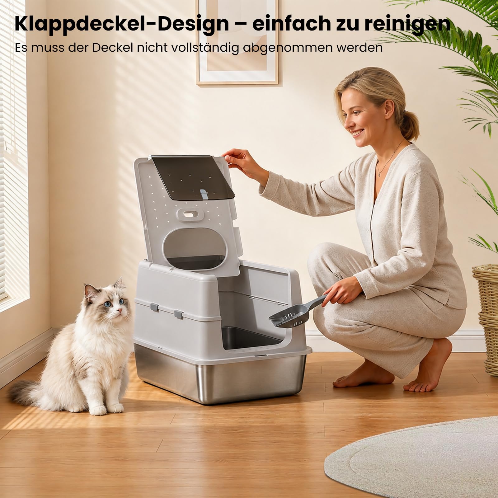 XXL Edelstahl Katzentoilette mit Deckel - 60x43x40cm Großes Katzenklo geschlossen, 120° Klappdeckel, Auslaufsicher für Stehpinkler & Große Katzen, inkl. Streu-Treppe & Schaufel, Grau