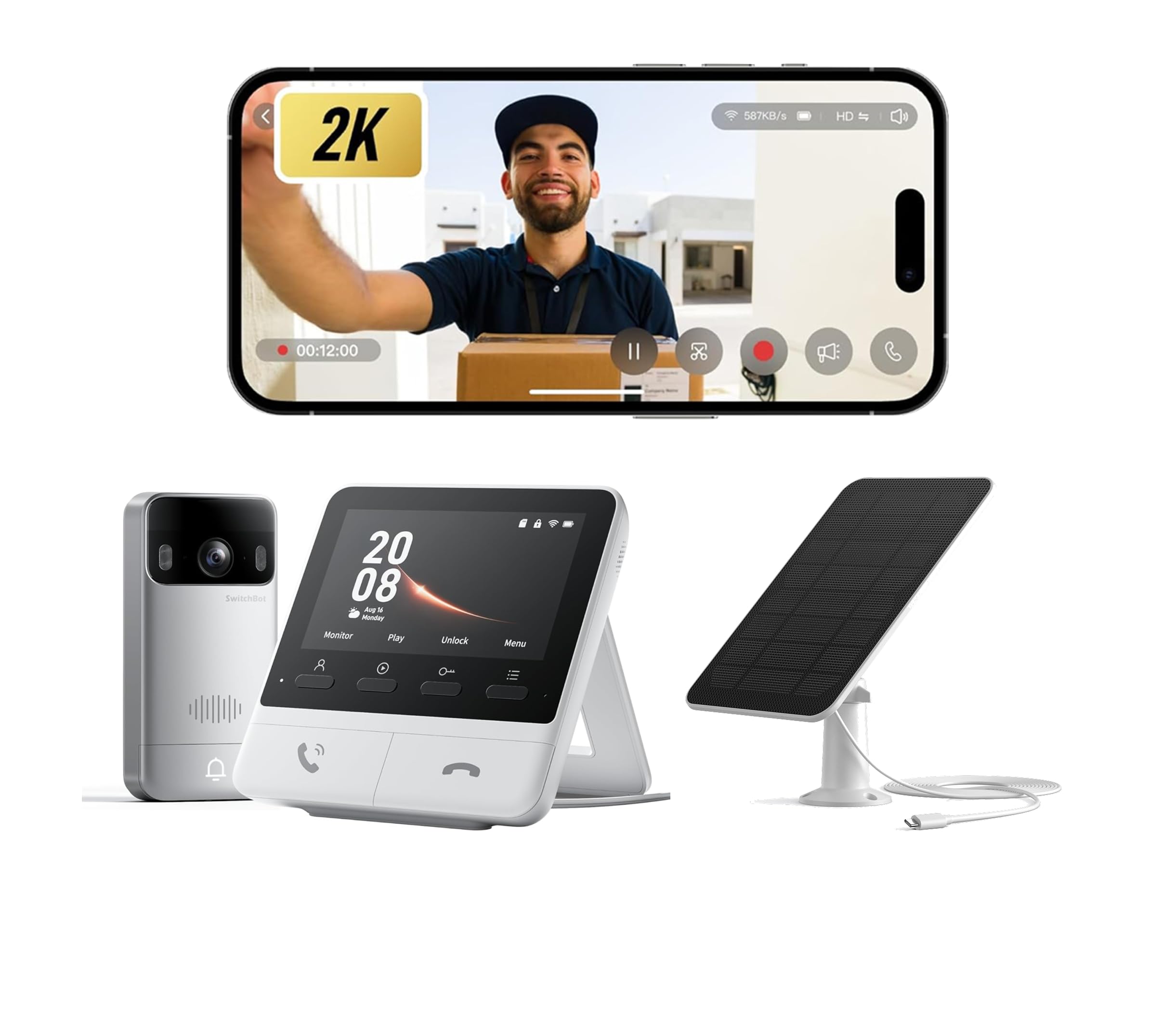 SwitchBot Sonnette sans Fil avec Camera, Panneau Solaire pour Sonnette, 2K Visiophone sans Fil avec écran de 4,3 Pouces, Visiophone Intelligente avec Grand Angle de 165 °