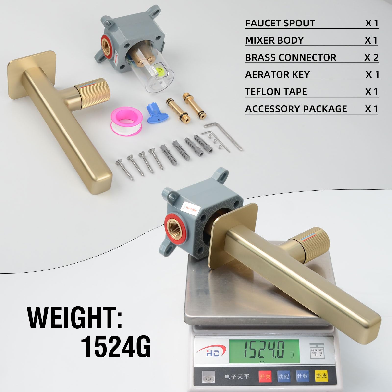 Grifo Lavabo Empotrado, Grifo de Pared Baño, Grifo Monomando Baño, Mezclador Agua Fría y Caliente, Dorado Cepillado, 8M4OK