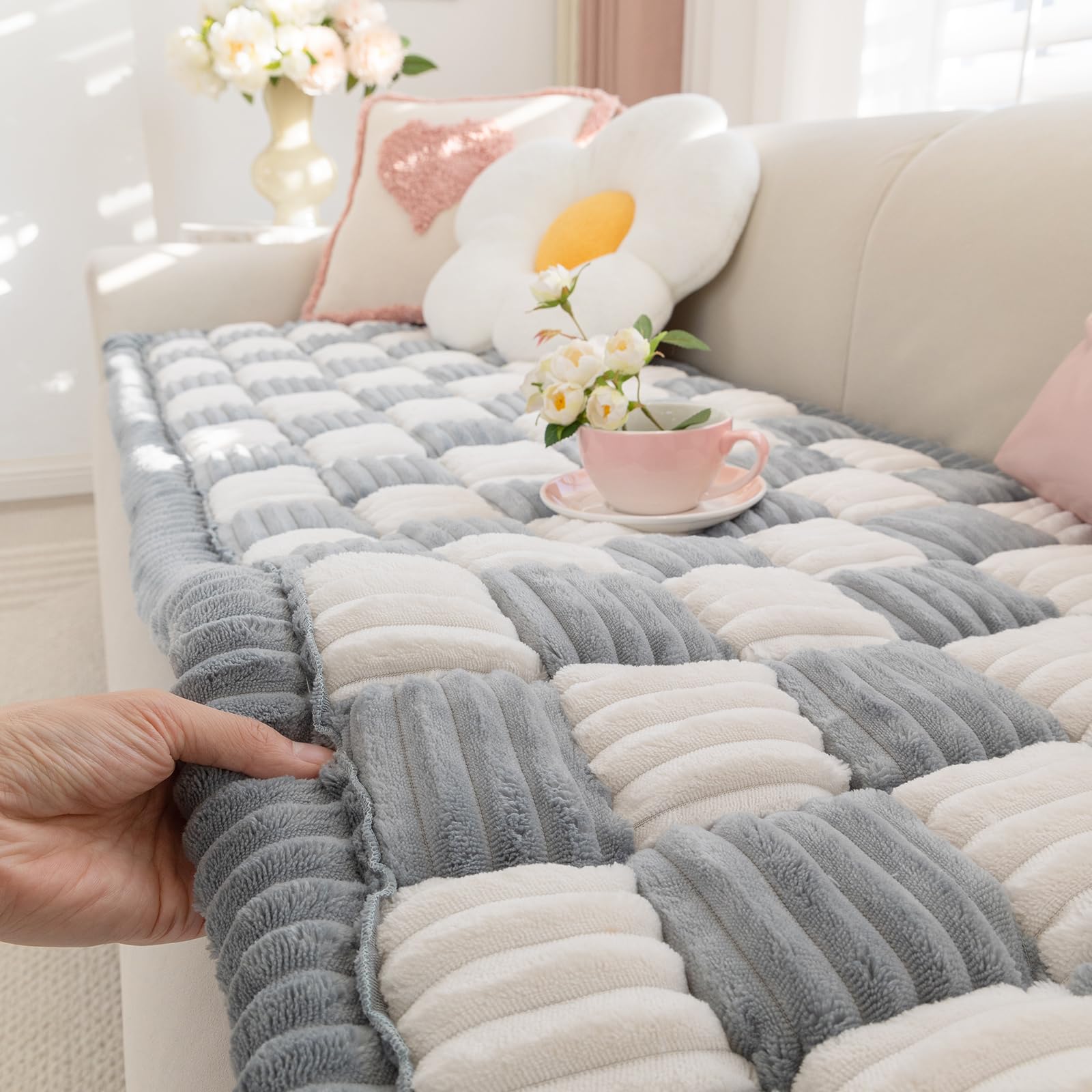 Sofaüberwurf rutschfest waschbar, Flanell Couchauflage extra dick mit Anti-Rutsch-Unterseite, Sofaschoner für 2/3/4-Sitzer & Haustiere, Karo (grau, 70x210cm)