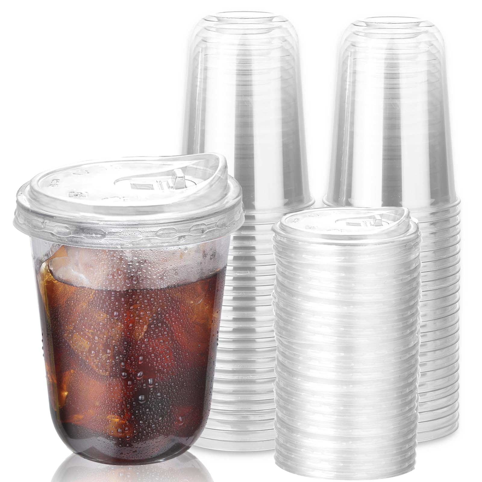 50 Pack 16 Oz Reusable Clear Plastic Cups, Heavy Duty PET Multi-Use Cups with Strawless Sip Lids, Strong Round Bottom Togo Cup for Smoothies Milkshake Iced Coffee, Washable Party Catering BBQ Cups