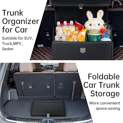 Vista 8 de Organizador de maletero Wuatow para coche, organizador de maletero para SUV y sedán, con tapa, multifuncional, caja de almacenamiento de carga Negro