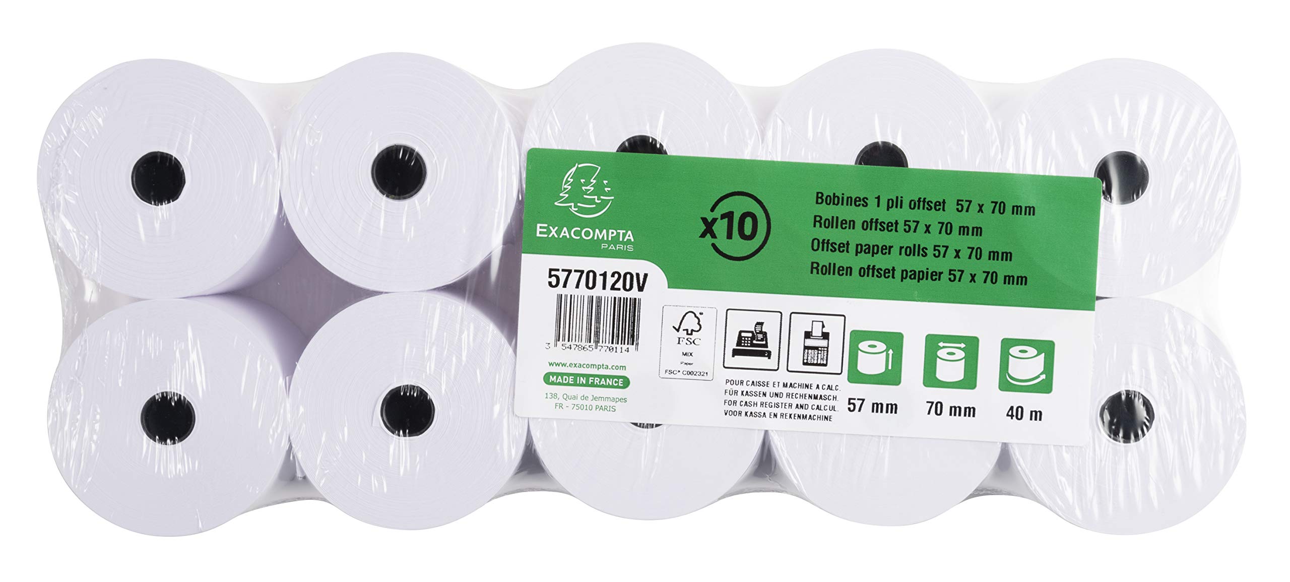 Bobines pour machines a calculer et caisses - 1 pli extra-blanc 60g/m - 57mm x 70mm x 12mm (44m)