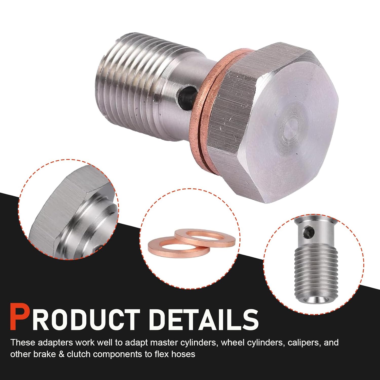 M10x1.0 Car Banjo Bolt, Oil Pipe Stainless Steel Single Hole Fitting Adapter with Copper Sealing Gasket, Rust-Proof Hexagon Thread Turbo Brake Line Fitting, Universal for Retrofit (Silver)